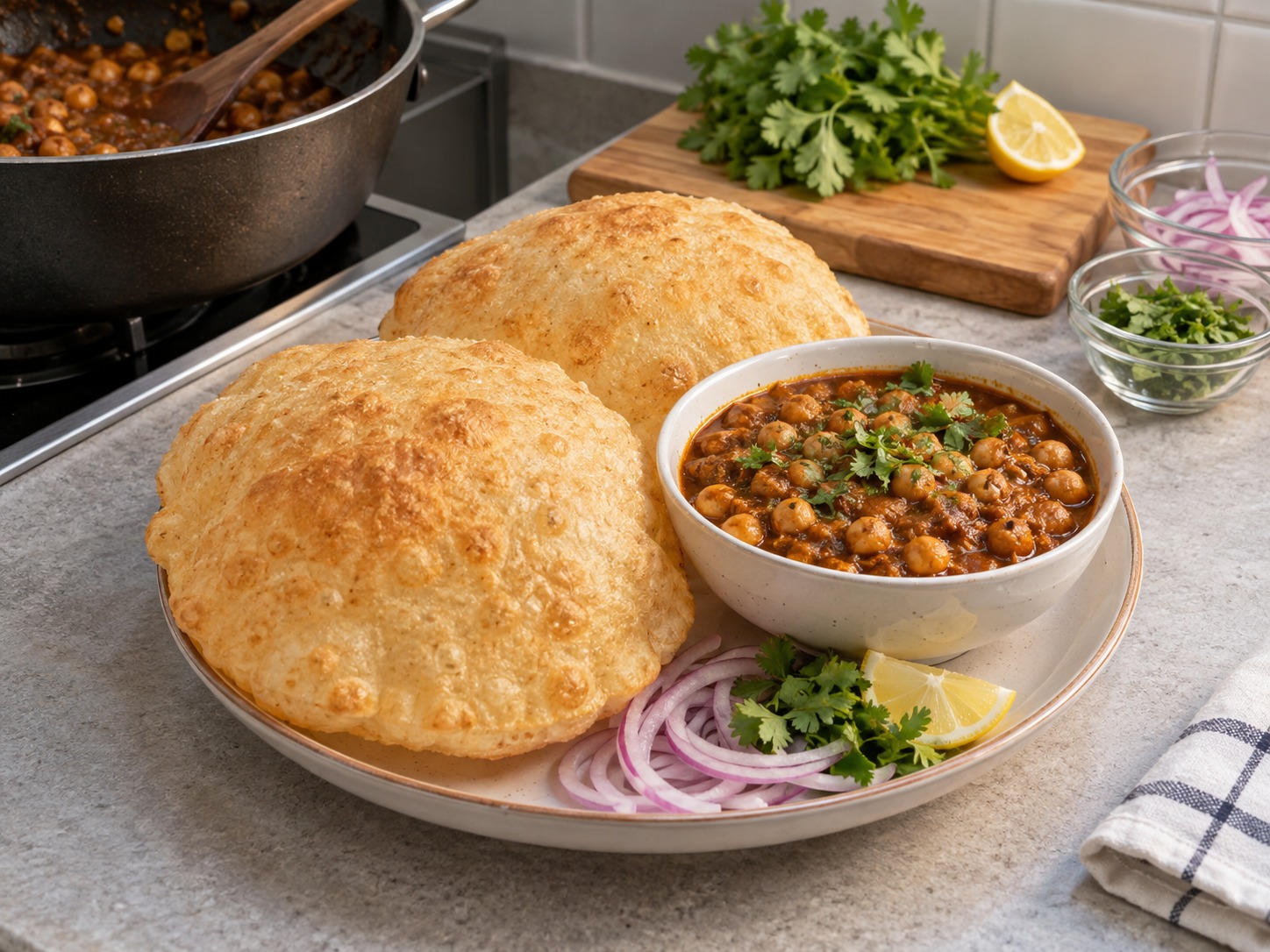 印度鷹嘴豆咖喱炸餅 — 把熱 bhature 與鷹嘴豆咖喱一同上桌