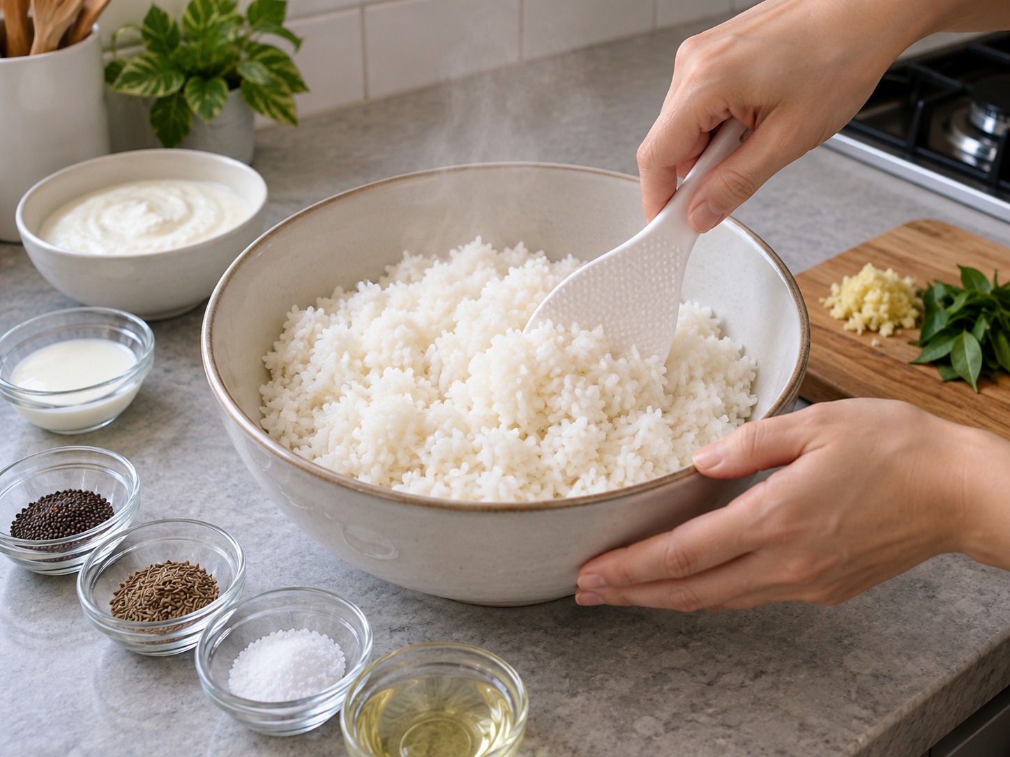 Indian Curd Rice — Put hot cooked rice in a large bowl and loosen it with a rice paddle