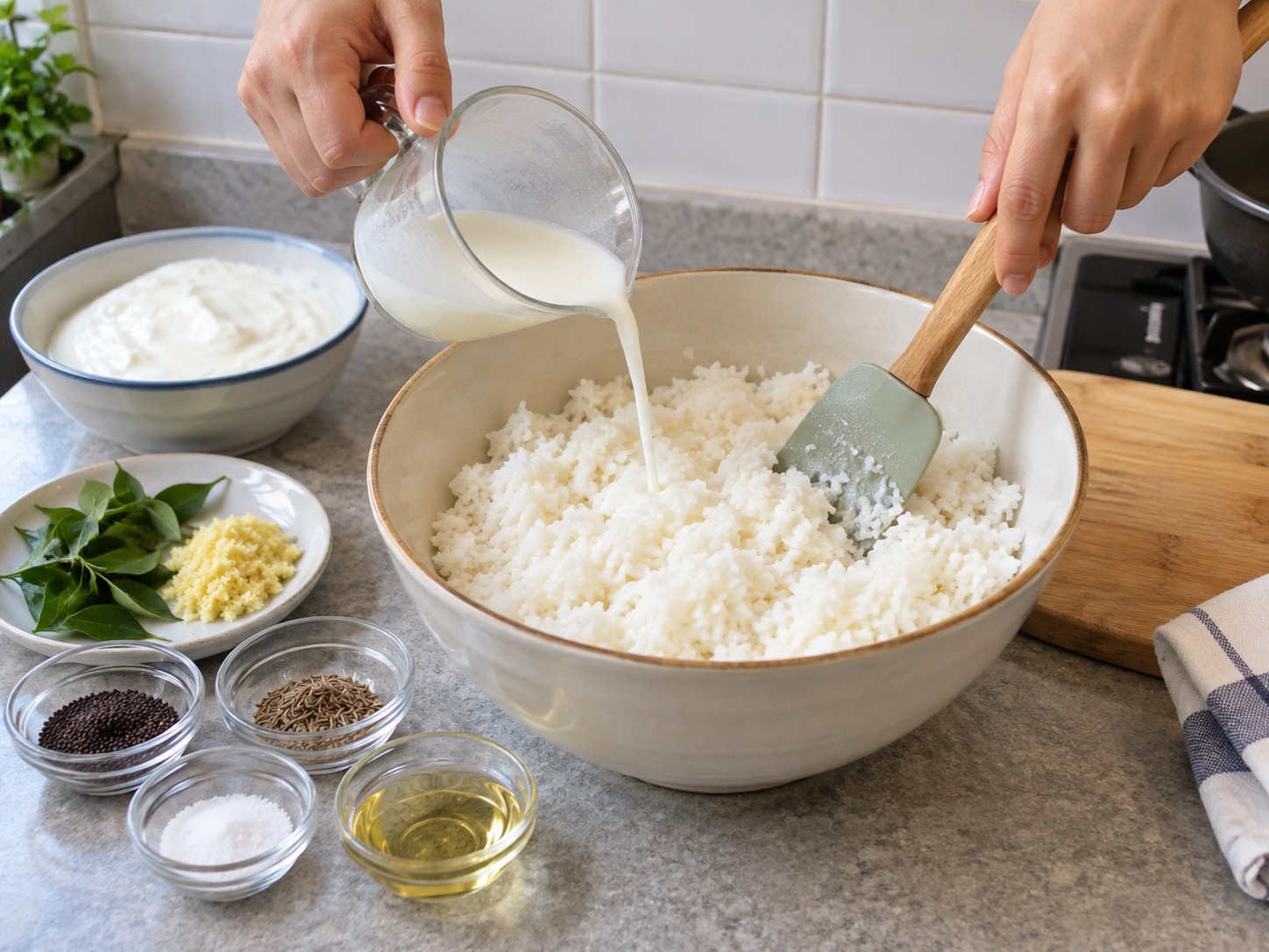 Indian Curd Rice — Mix in milk so the rice stays soft
