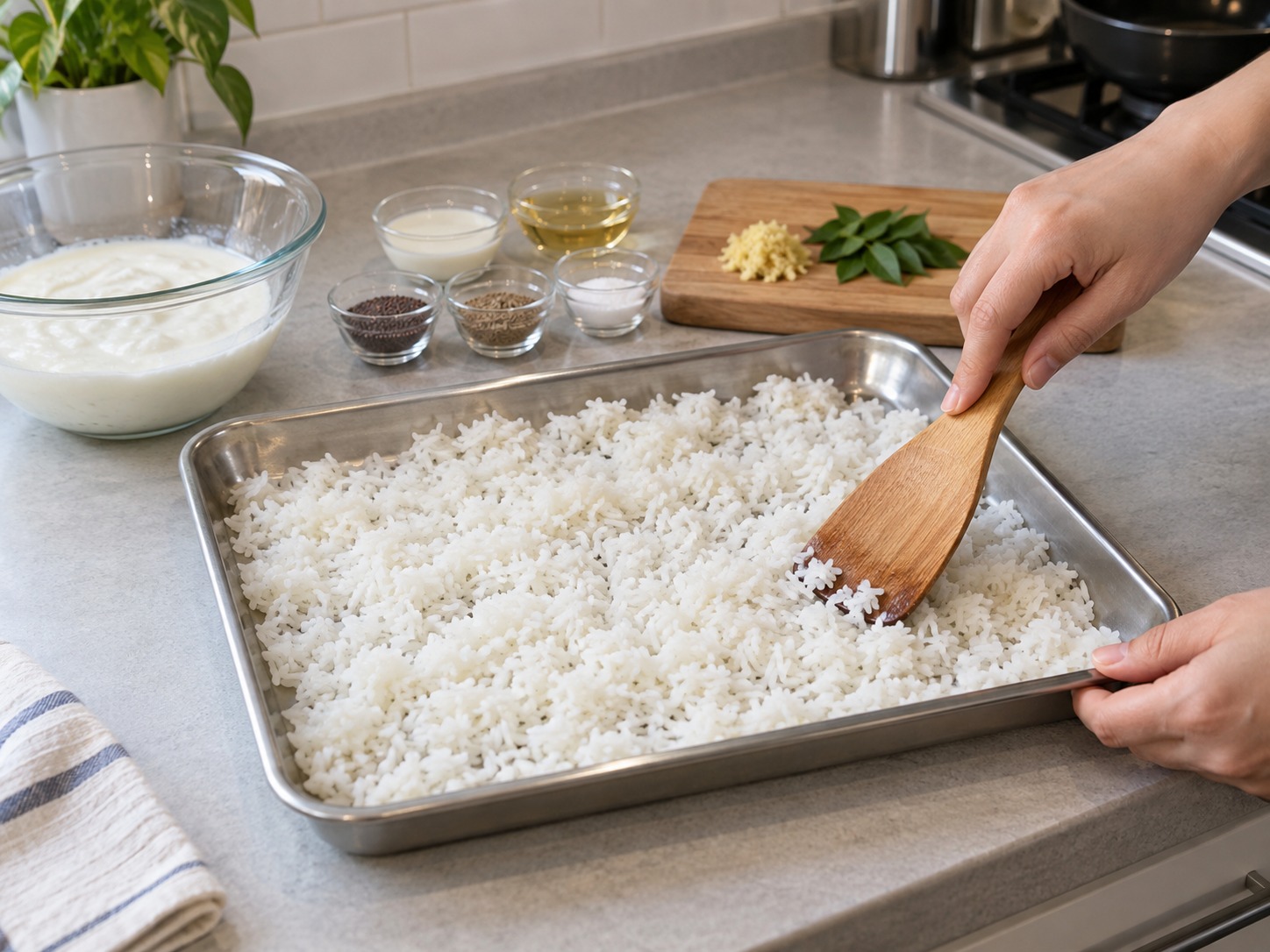 Indian Curd Rice — Spread rice thinly and cool until warm and no longer steaming