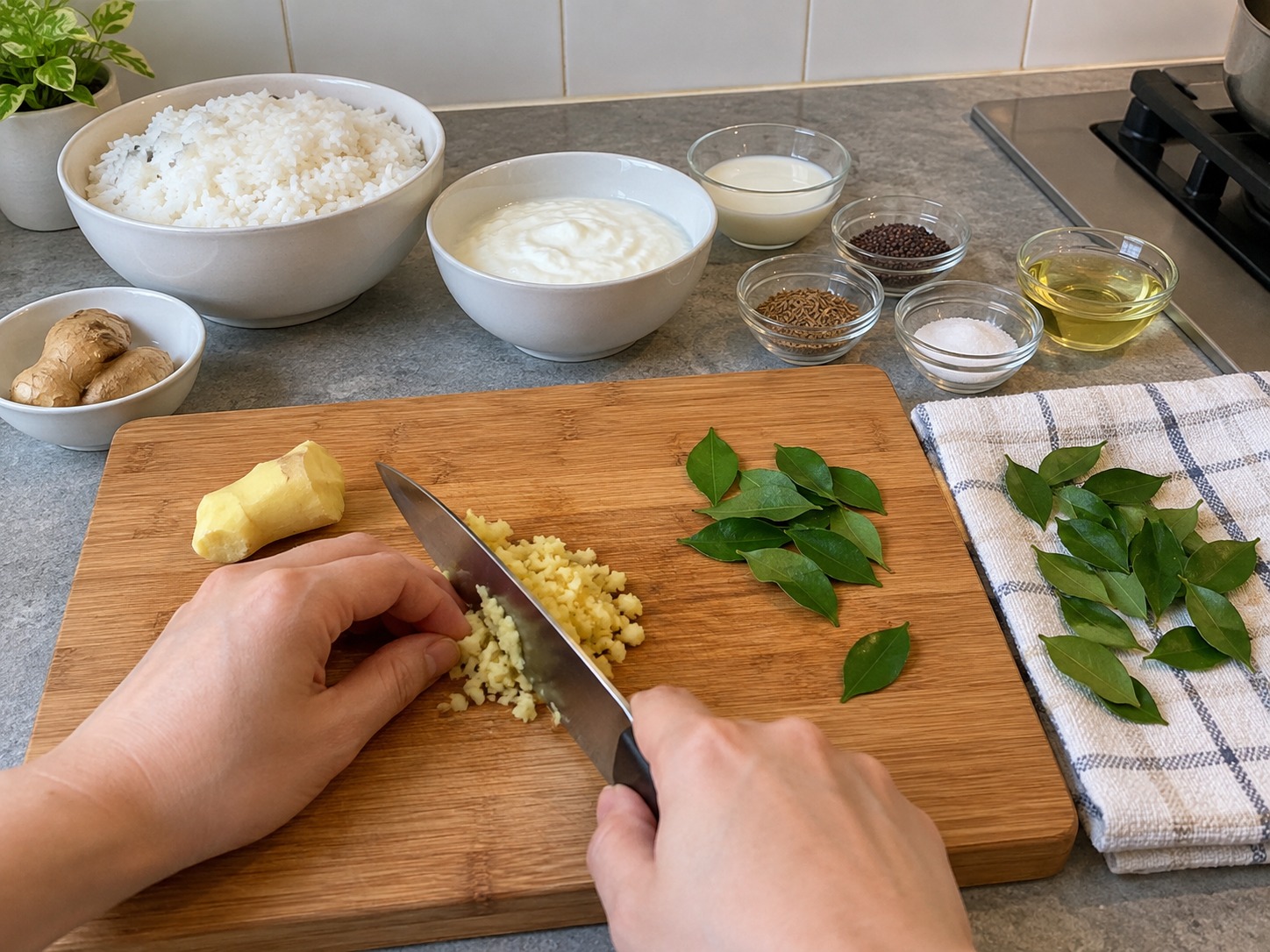 Indian Curd Rice — Peel and mince ginger; wash and dry curry leaves thoroughly