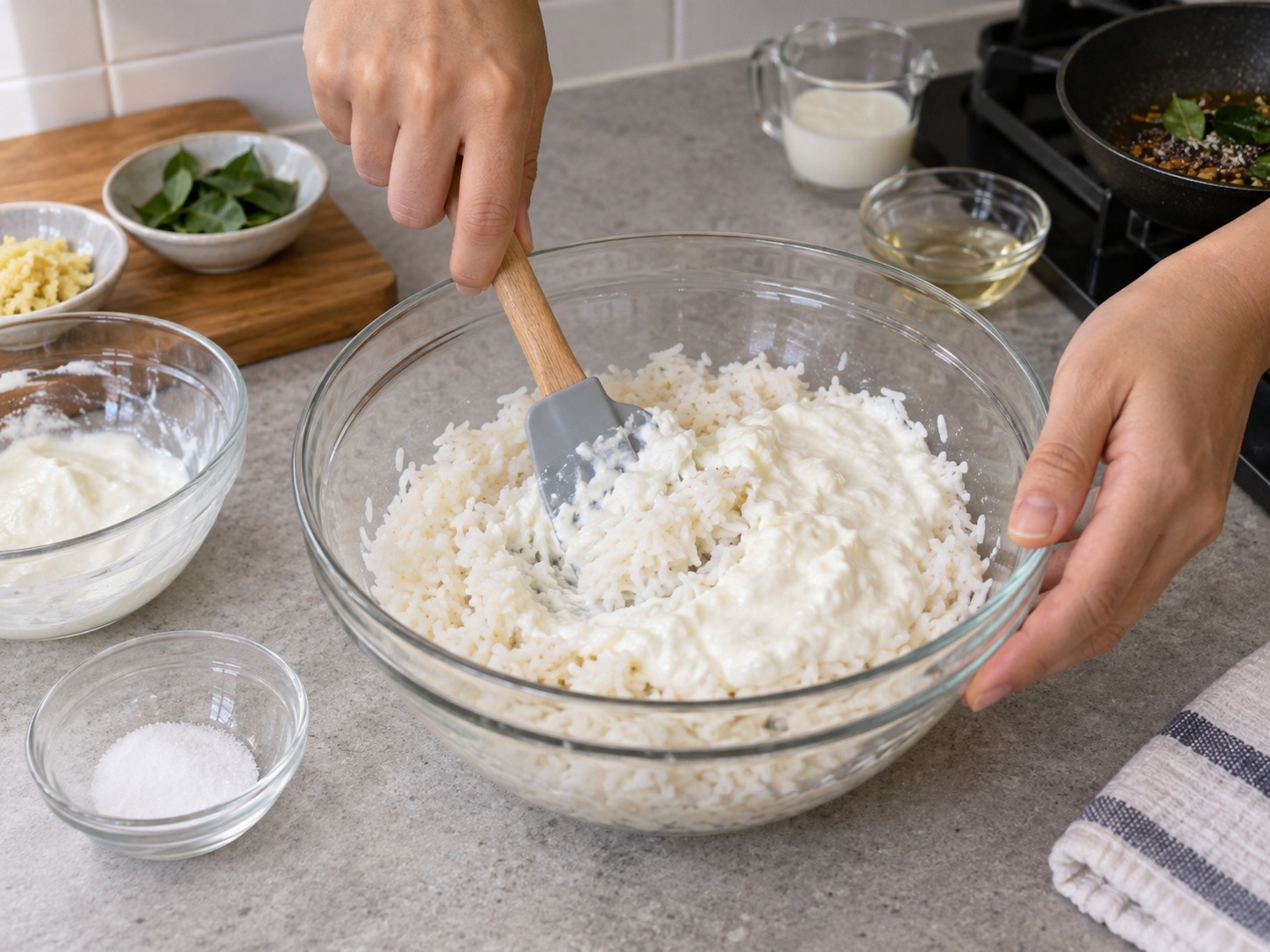 Indian Curd Rice — Once rice is warm, mix in yogurt and salt evenly