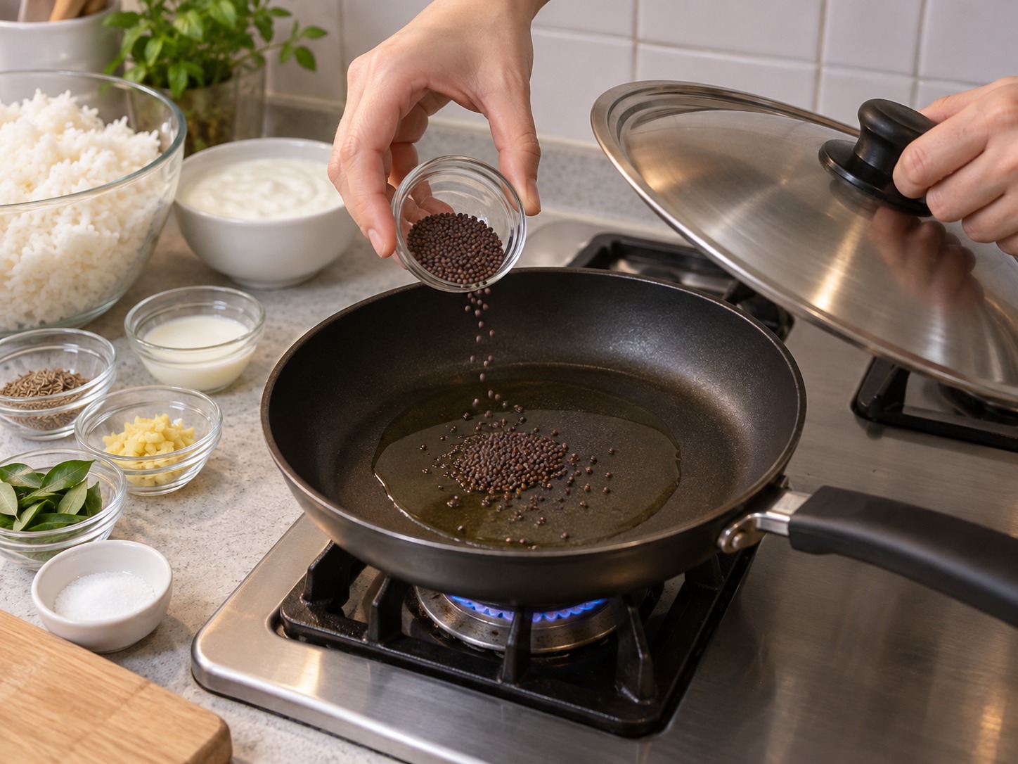Indian Curd Rice — Heat oil over medium-low, add mustard seeds and cover