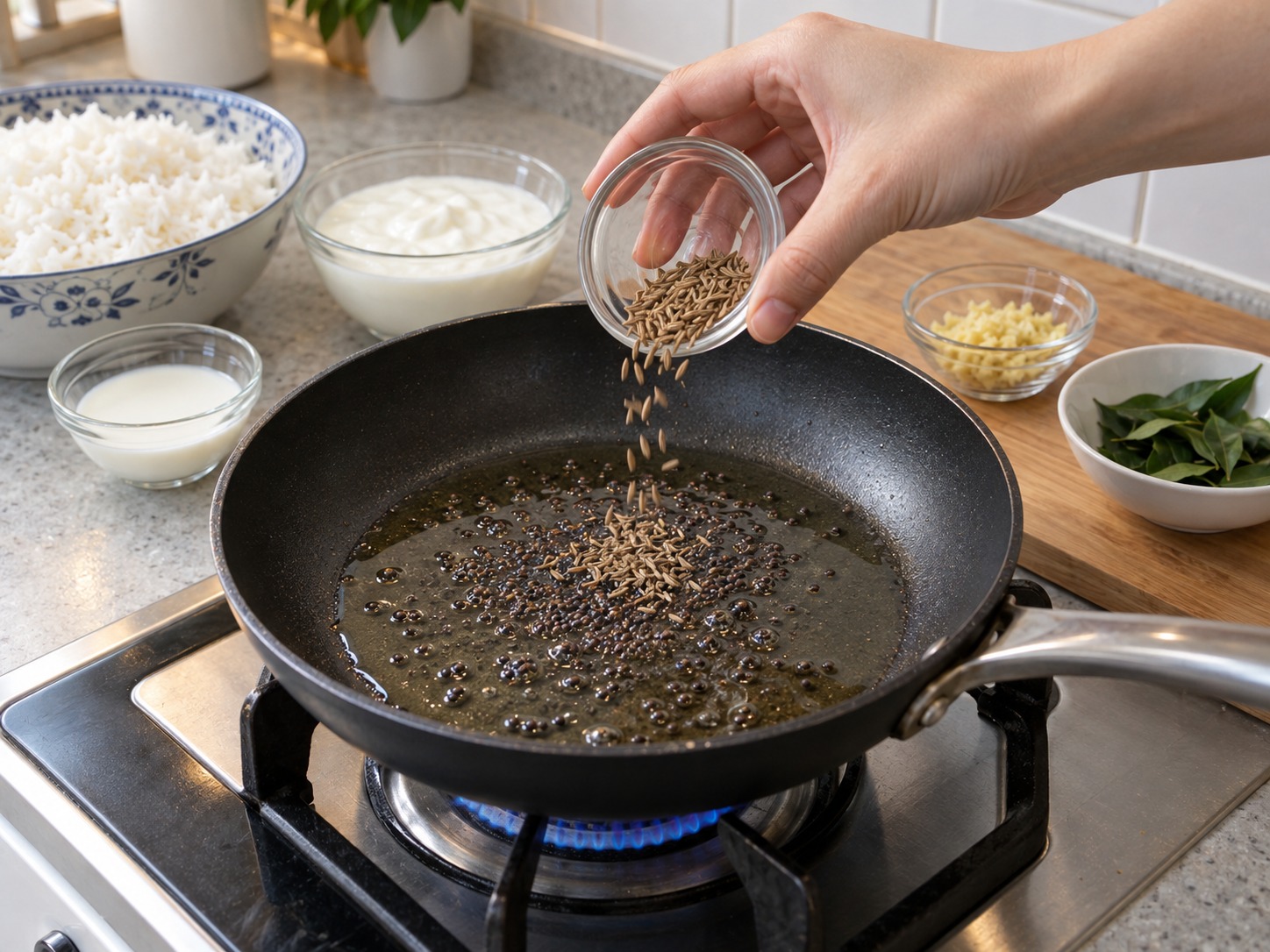 Indian Curd Rice — When mustard seeds pop, lower the heat and add cumin seeds