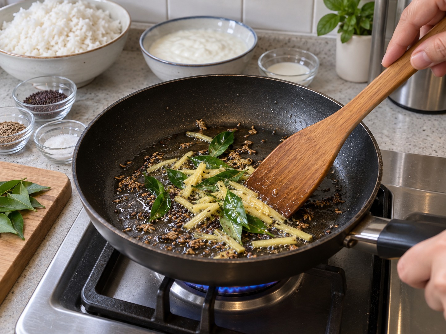 Indian Curd Rice — Add ginger and completely dry curry leaves; fry thirty seconds