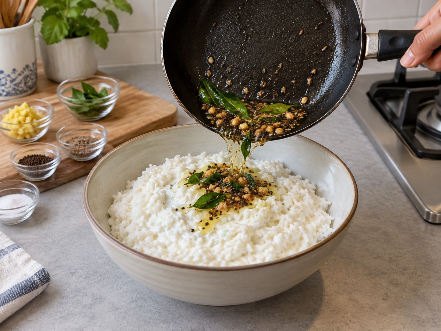 Indian Curd Rice — Immediately pour the hot tempering over the yogurt rice