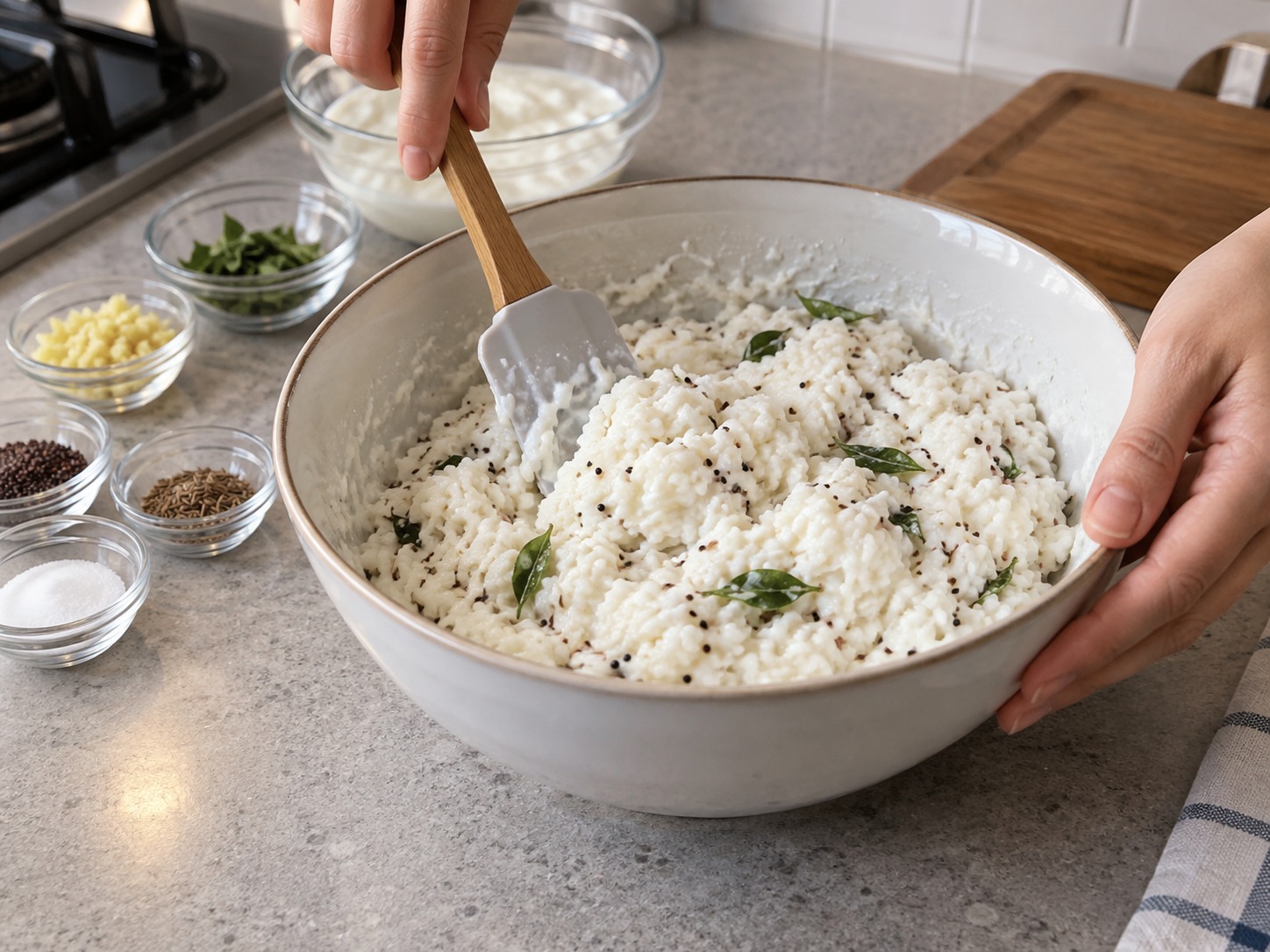 Indian Curd Rice — Fold gently and check that the rice remains moist and soft