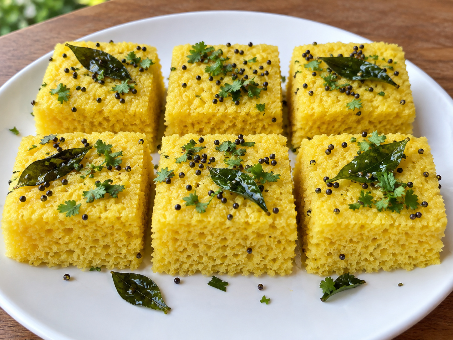 Indian Khaman Dhokla na Pinasingawang Kakanin — natapos na ulam