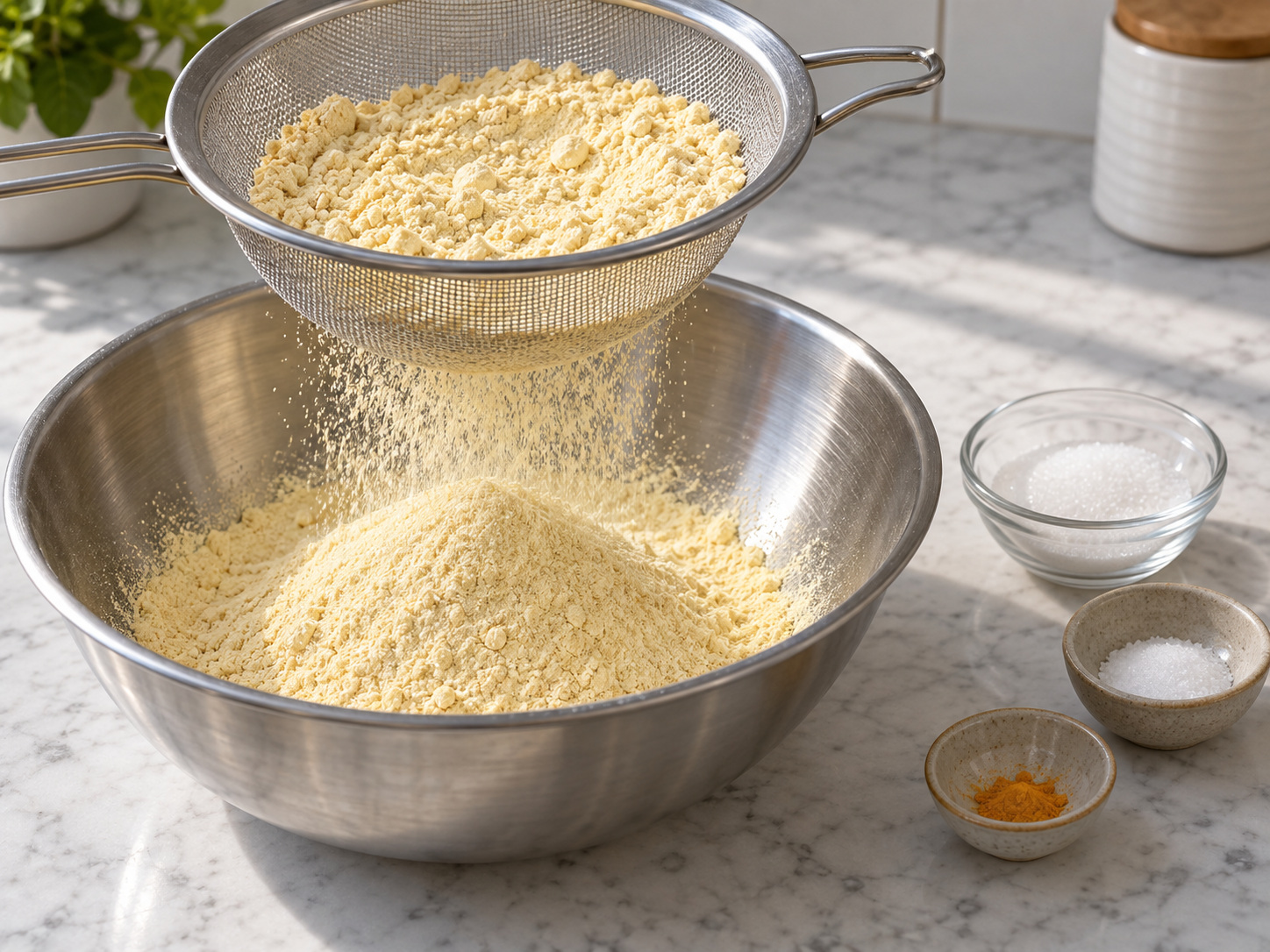 Indian Khaman Dhokla na Pinasingawang Kakanin — Salain ang harinang besan at ihalo ang asukal