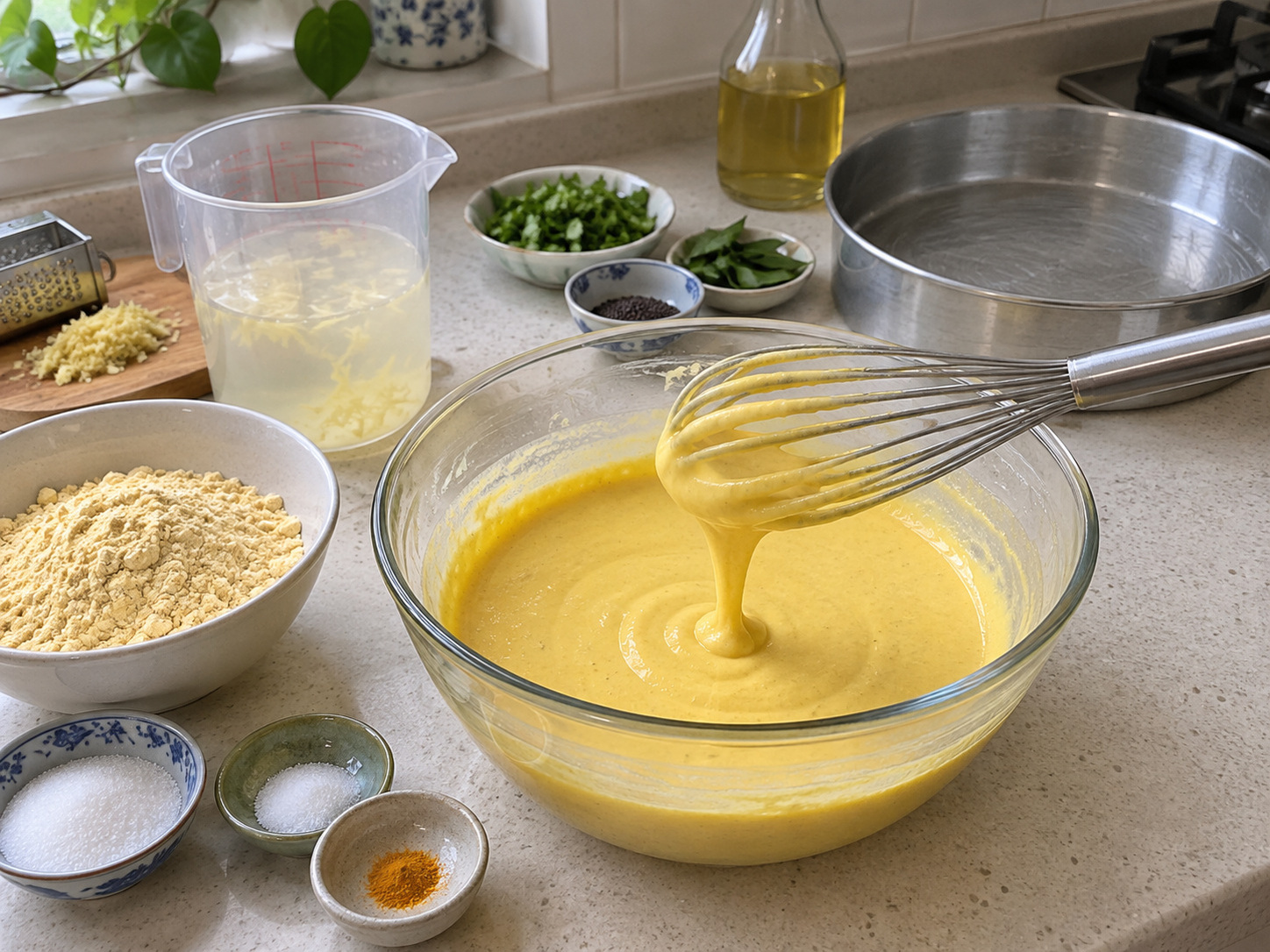Indian Khaman Dhokla na Pinasingawang Kakanin — Dahan-dahang ibuhos ang likido sa harina at batihin
