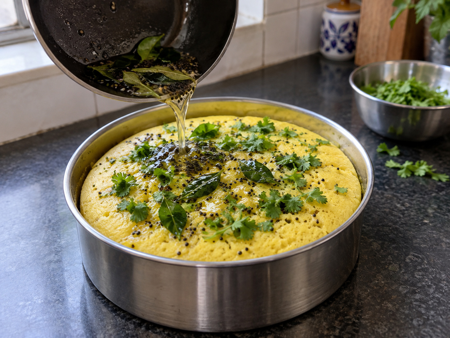 Indian Khaman Dhokla na Pinasingawang Kakanin — Ibuhos ang mainit na ginisang pampalasa sa lutong cake at budburan ng kulantro