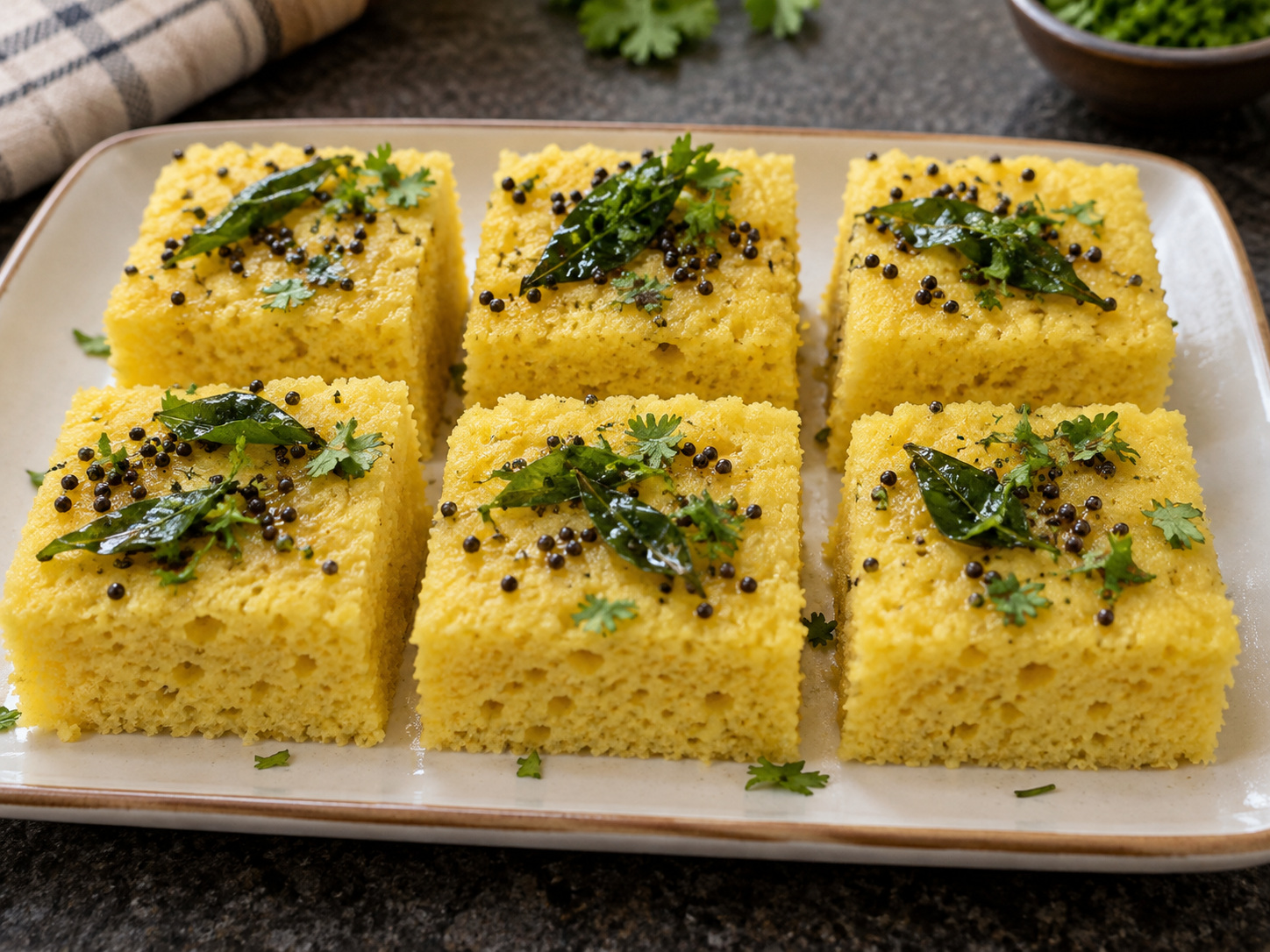 Indian Khaman Dhokla na Pinasingawang Kakanin — Palamigin nang bahagya at hatiin sa anim