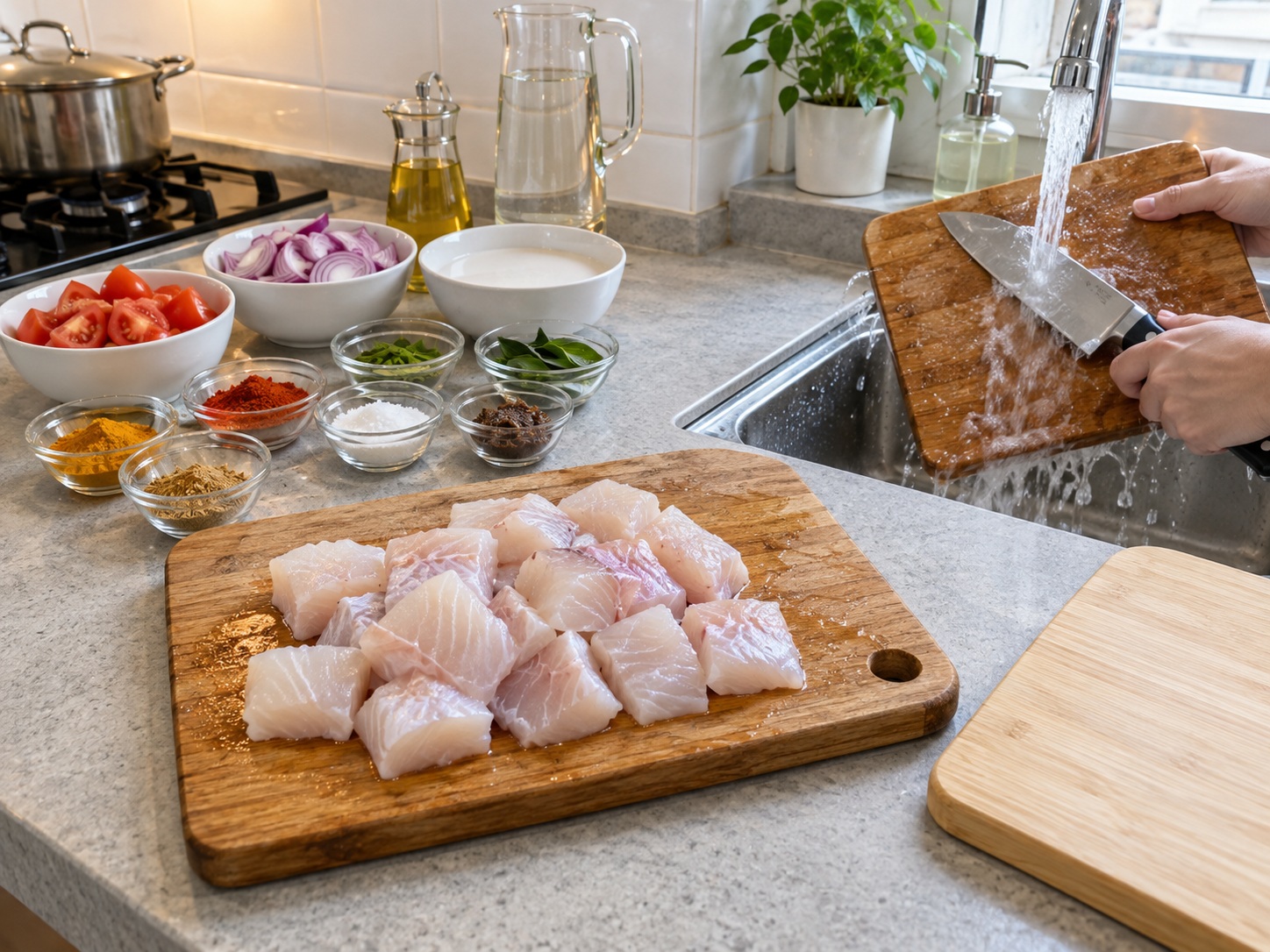 Kari Ikan India — Potong fillet ikan putih padat tanpa tulang