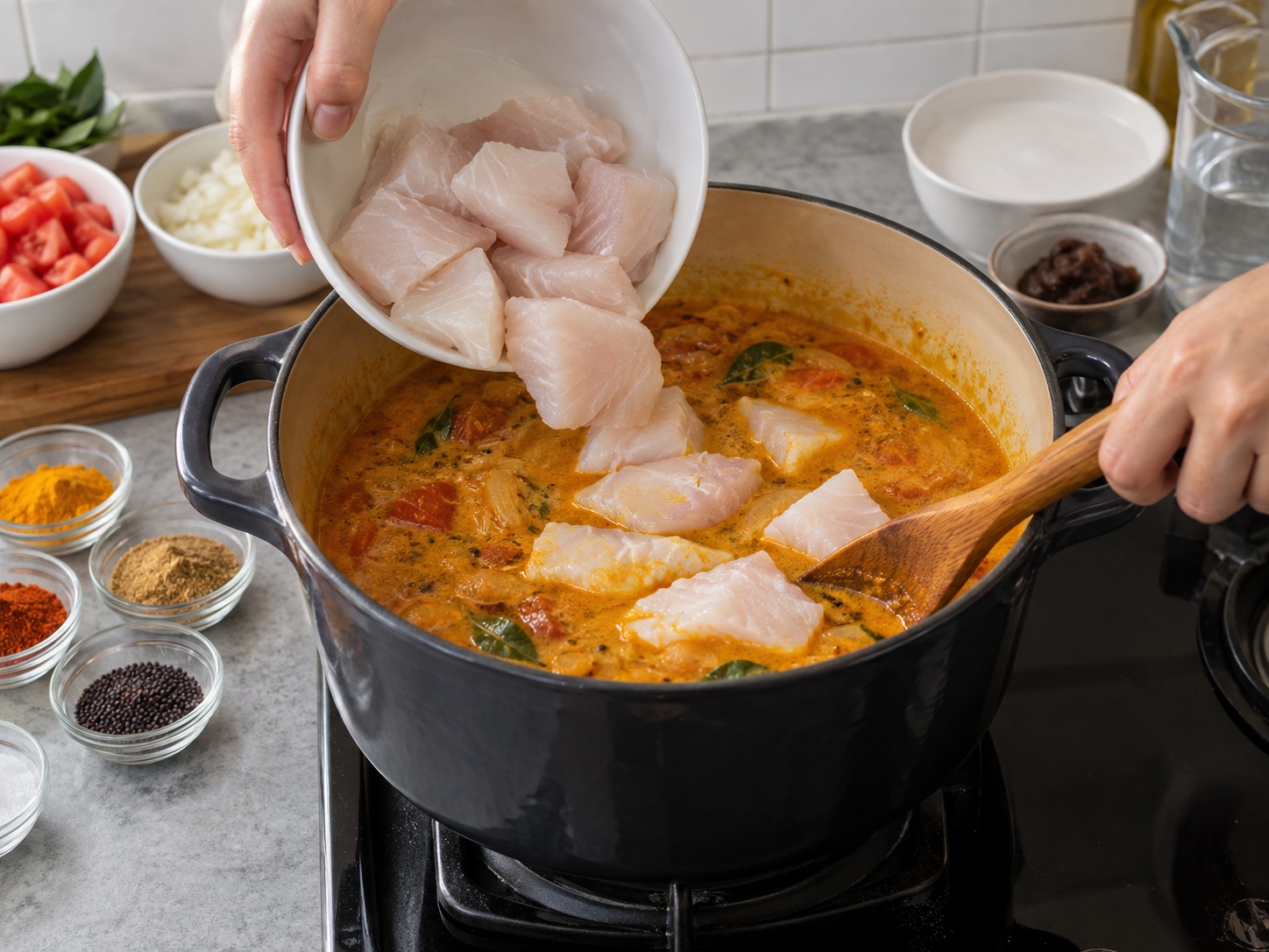 Kari Ikan India — Masukkan fillet ikan putih padat tanpa tulang