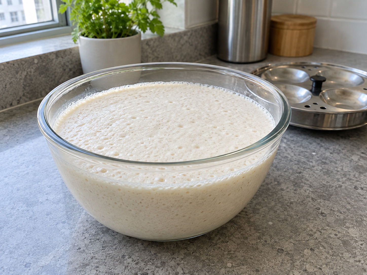 Indian Idli na Pinasingawang Bigas at Daal — Suriing umalsa at may bula