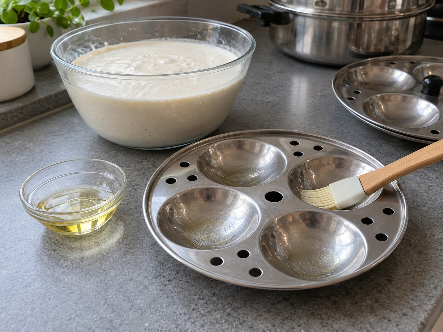 Indian Idli na Pinasingawang Bigas at Daal — Pahiran ng mantika ang hulma