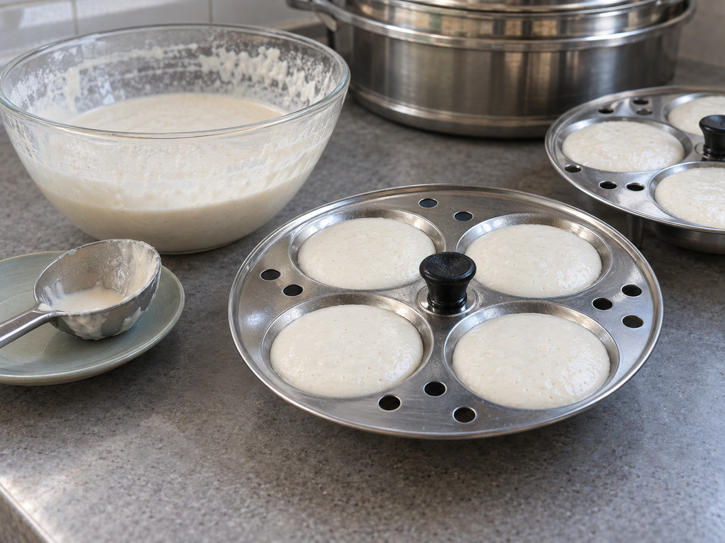 Indian Idli na Pinasingawang Bigas at Daal — Punuin hanggang apat na ikalima