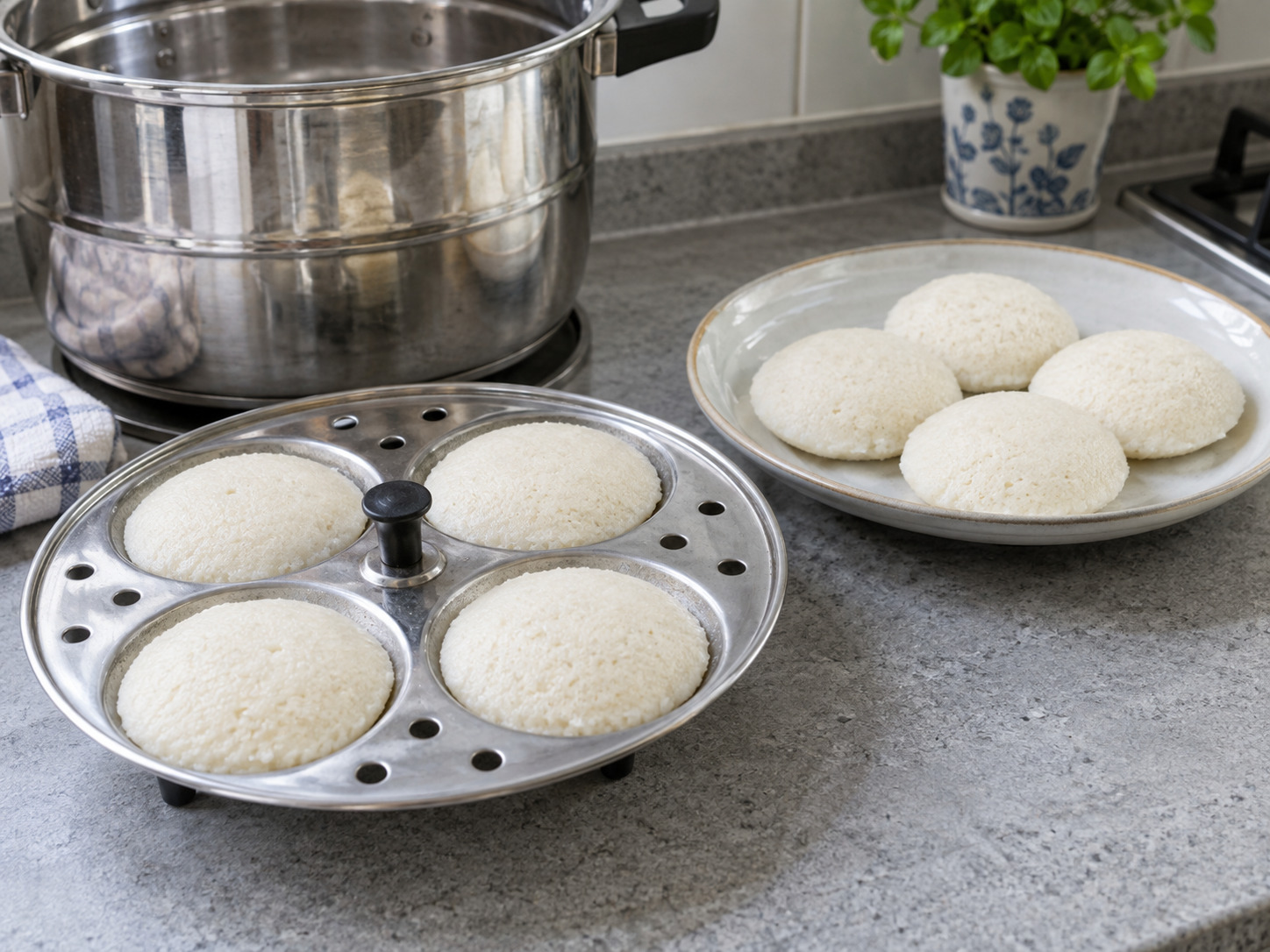 Indian Idli na Pinasingawang Bigas at Daal — Palamigin sandali, alisin sa hulma at ihain