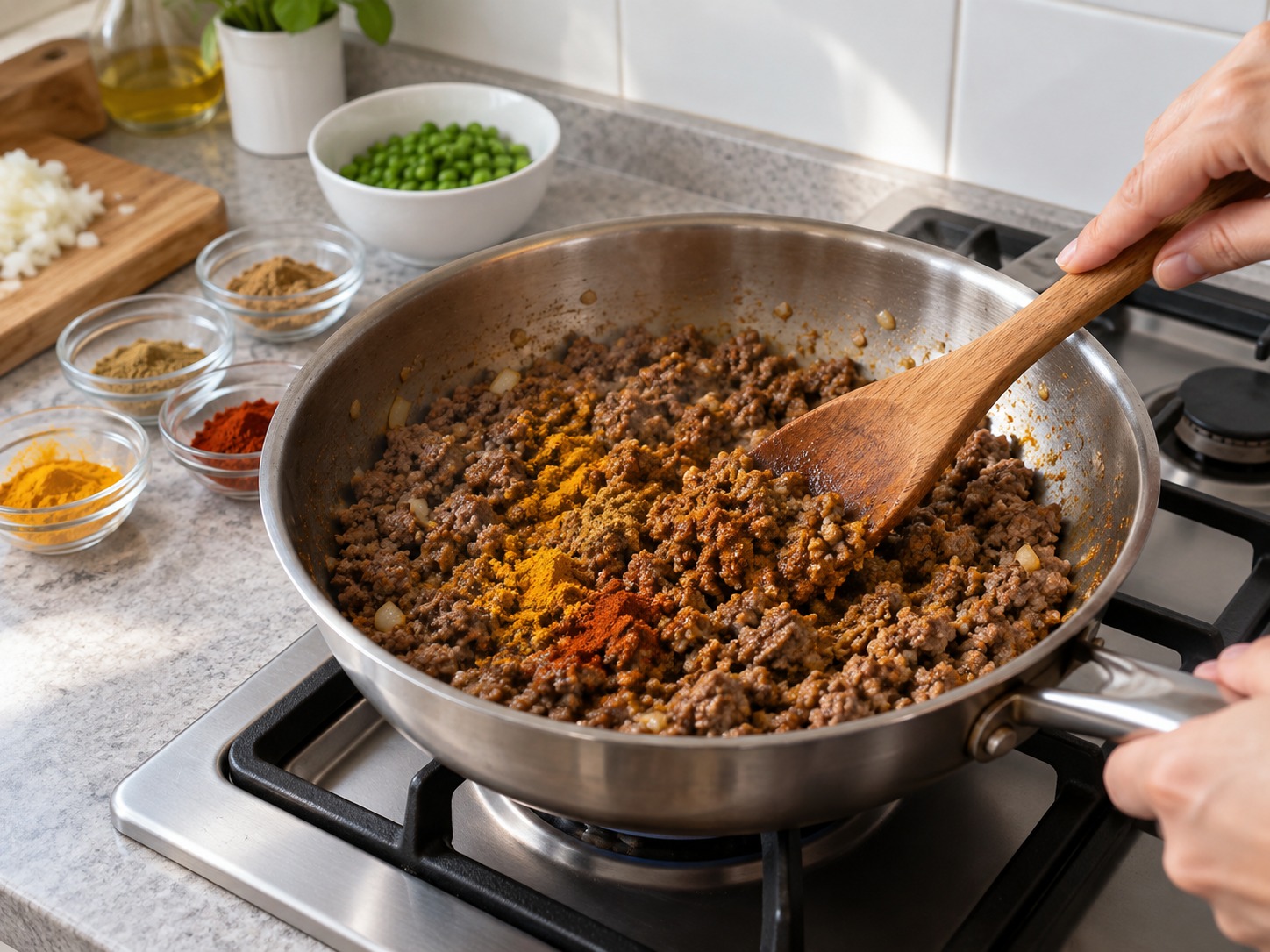 印度青豆免治牛肉咖喱 — 拌入乾香料
