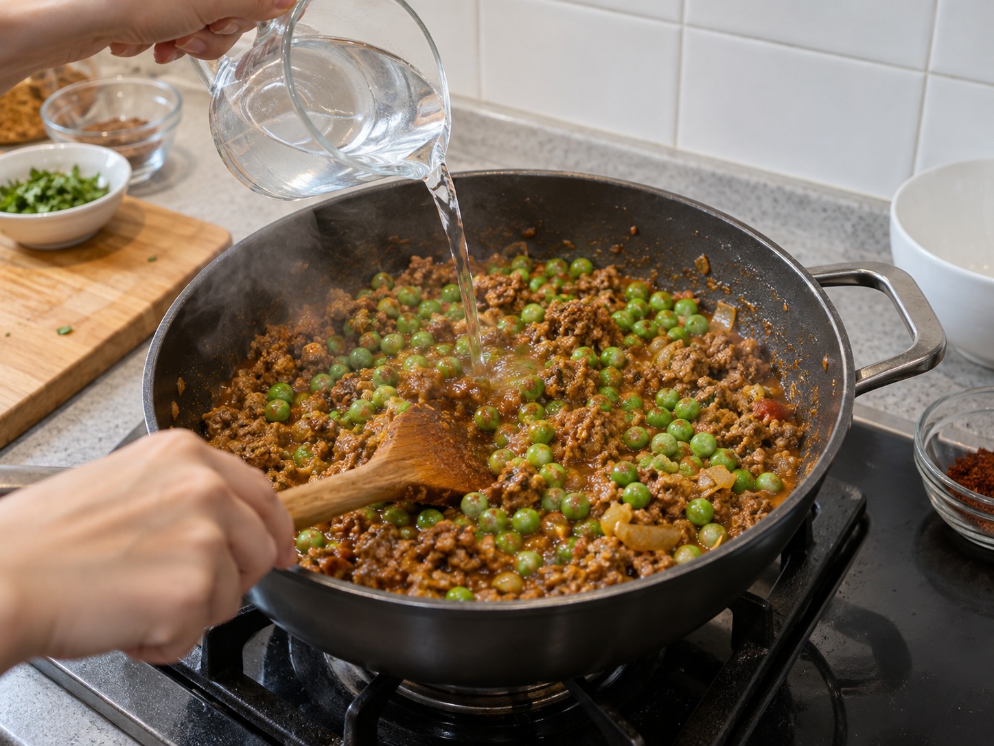 印度青豆免治牛肉咖喱 — 加入青豆和水