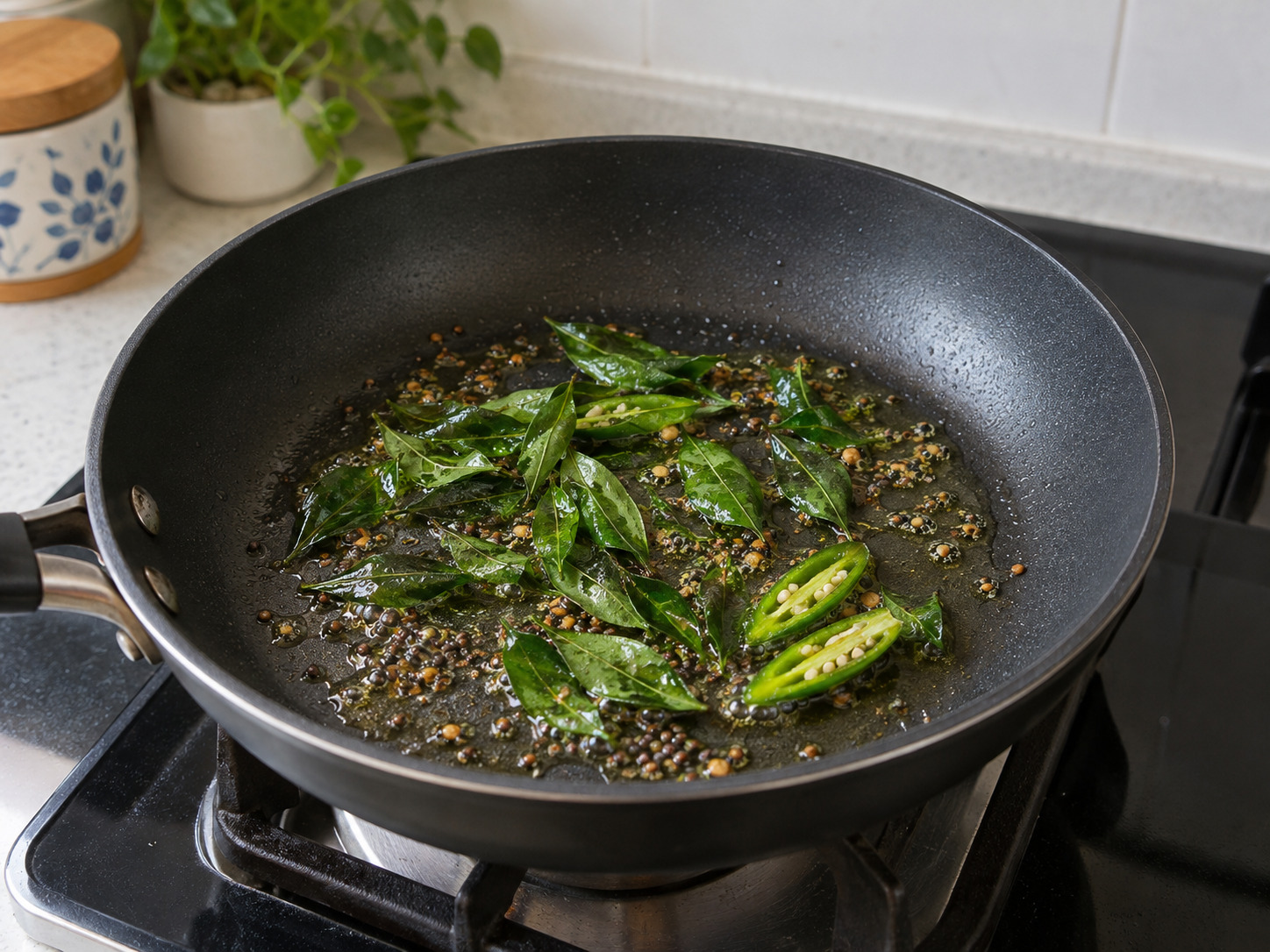 Indian Lemon Rice — Add curry leaves and sliced chillies