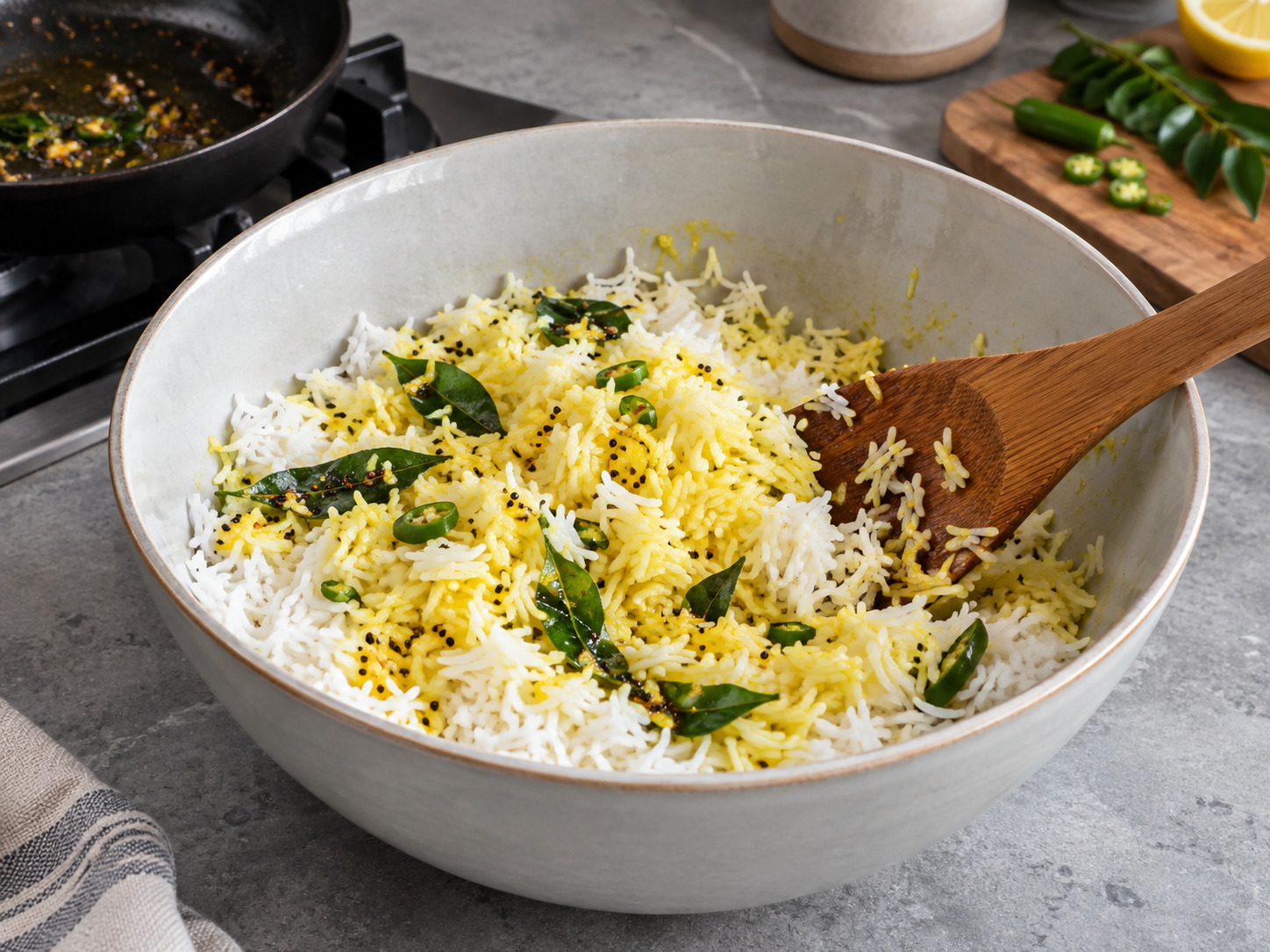 Indian Lemon Rice — Fold tempering through rice