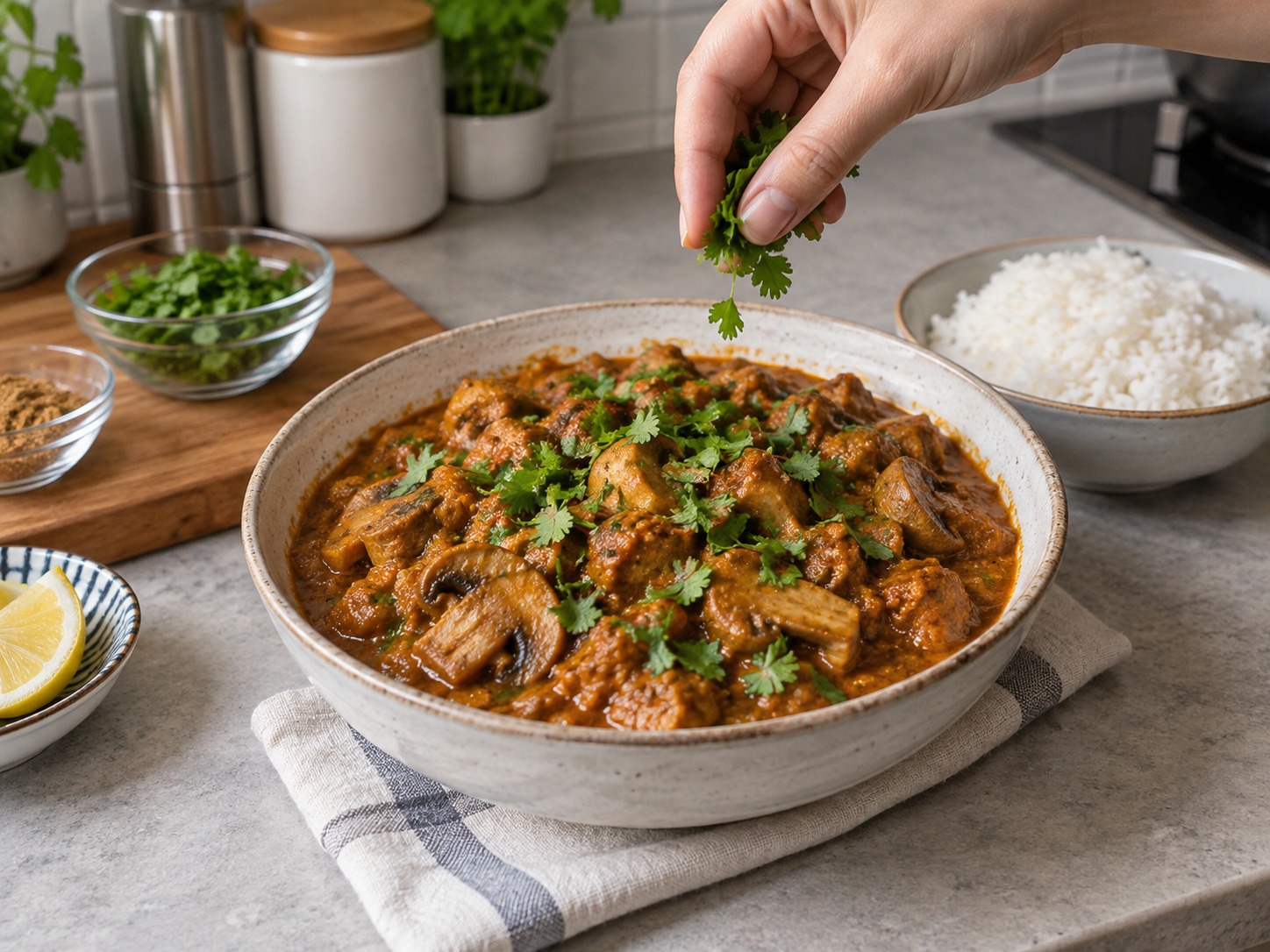 Indian na Kabuteng Masala — natapos na ulam