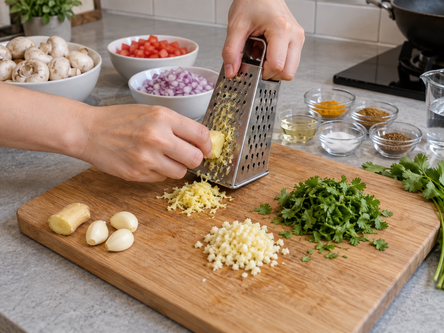 Indian na Kabuteng Masala — Balatan at gadgarin ang luya; tadtarin ang bawang at kulantro