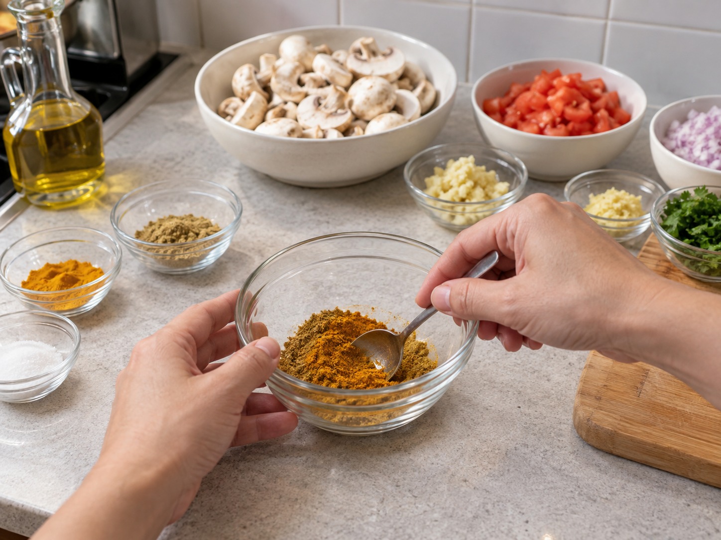 Indian na Kabuteng Masala — Paghaluin sa maliit na mangkok ang kulantro powder, turmeric at garam masala