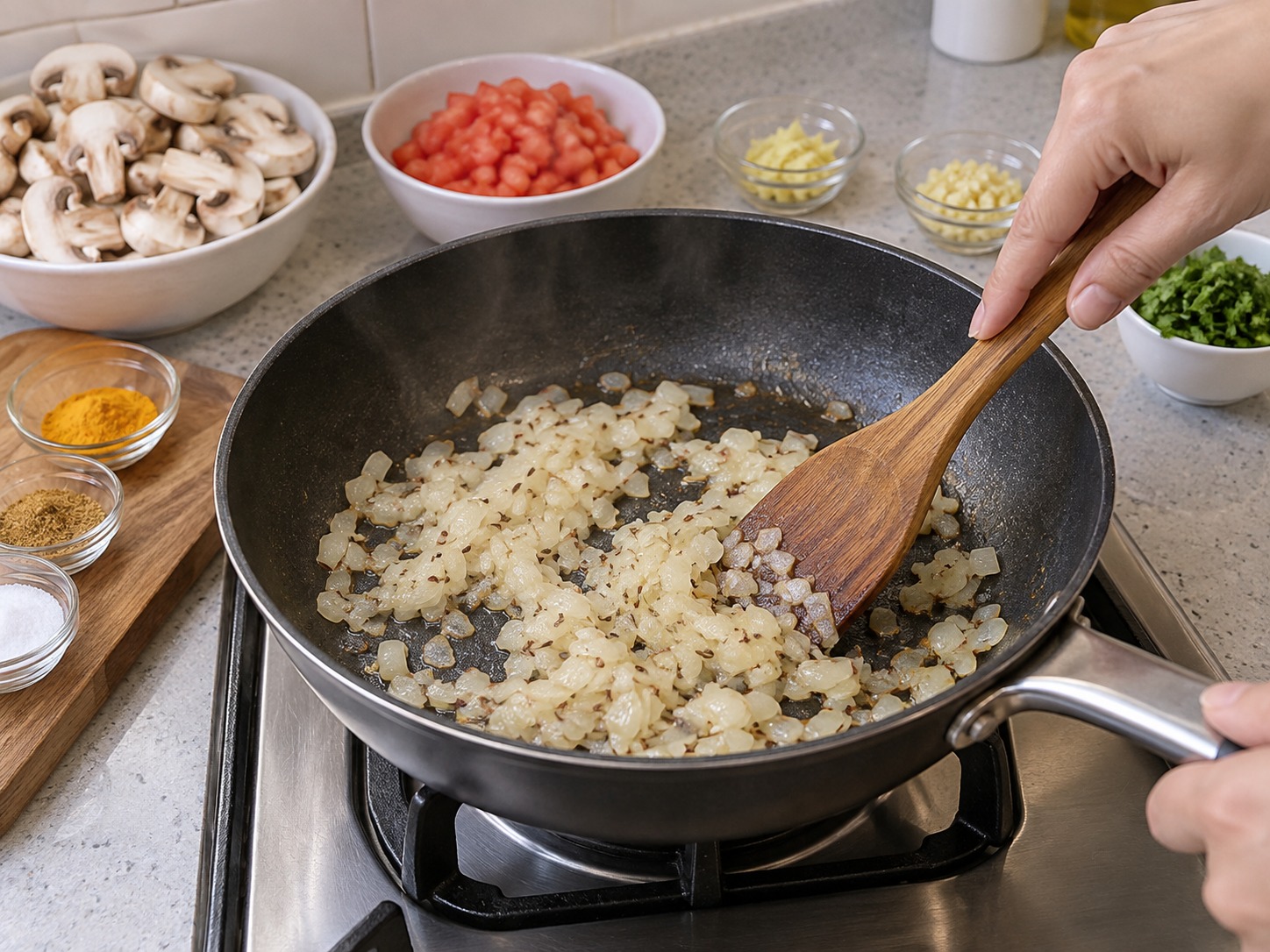 Indian na Kabuteng Masala — Idagdag ang sibuyas at igisa nang apat na minuto hanggang lumambot