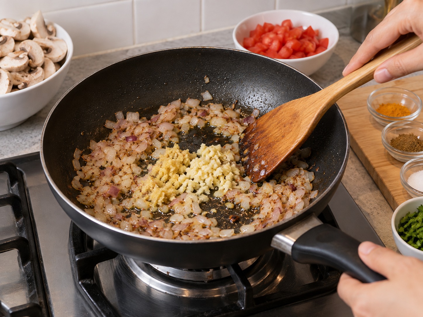 Indian na Kabuteng Masala — Idagdag ang luya at bawang; igisa nang tatlumpung segundo nang hindi nasusunog