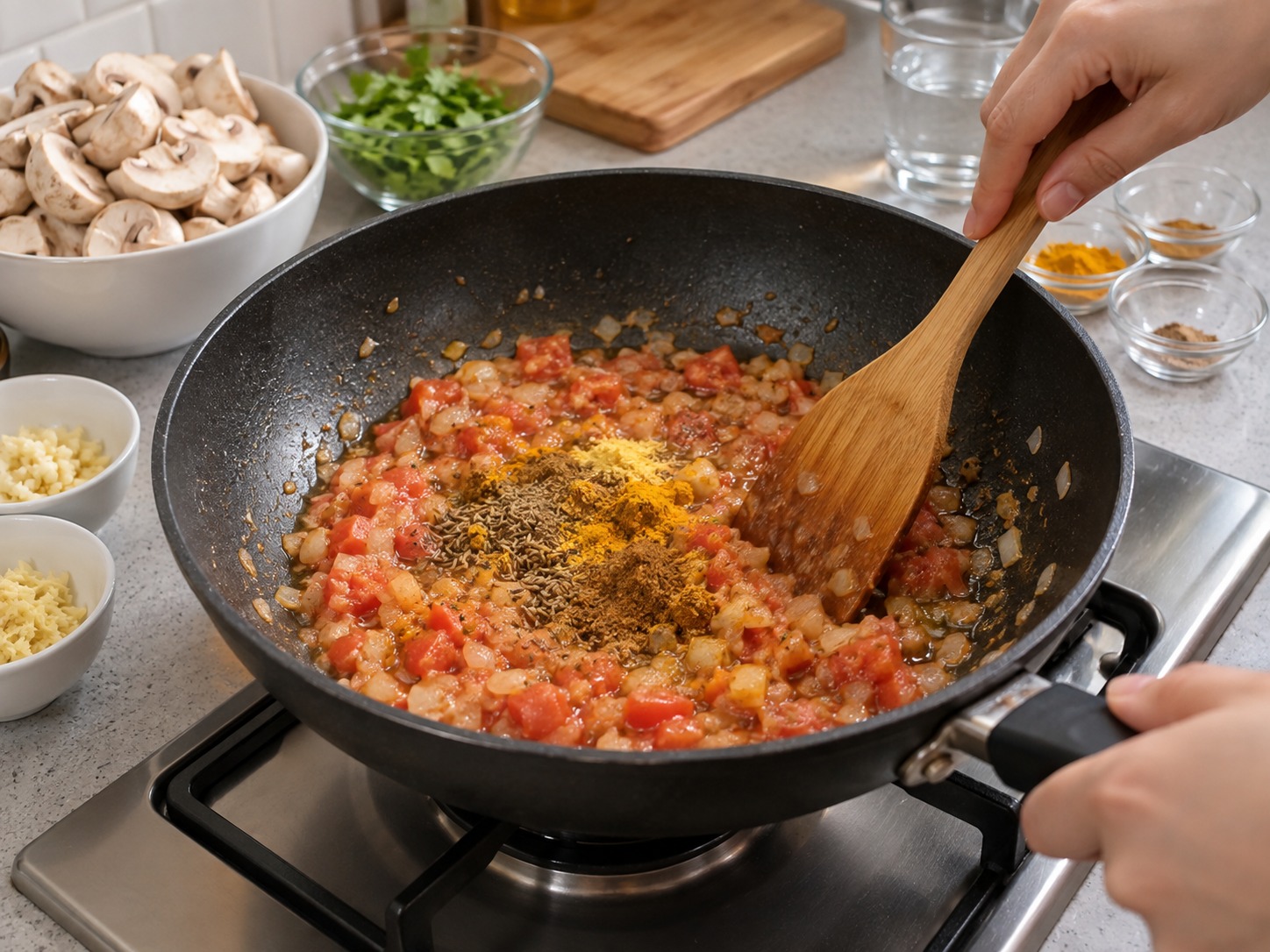 Indian na Kabuteng Masala — Idagdag ang pinaghalong pampalasa at haluin nang dalawampung segundo