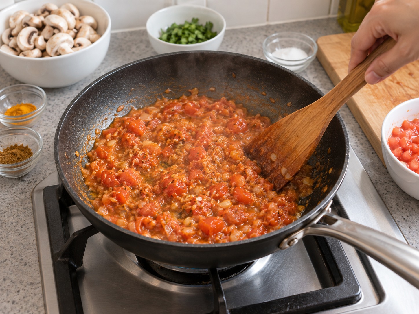 Indian na Kabuteng Masala — Idagdag ang kamatis at asin; lutuin nang apat na minuto hanggang maging magaspang na sarsa