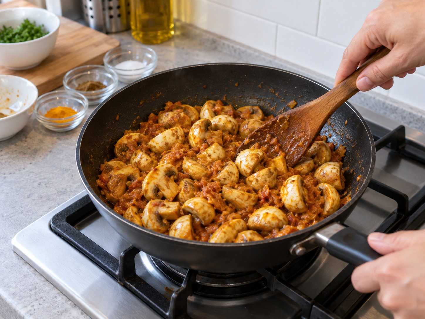 Indian na Kabuteng Masala — Idagdag ang kabute at igisa nang dalawang minuto upang mabalutan ng masala