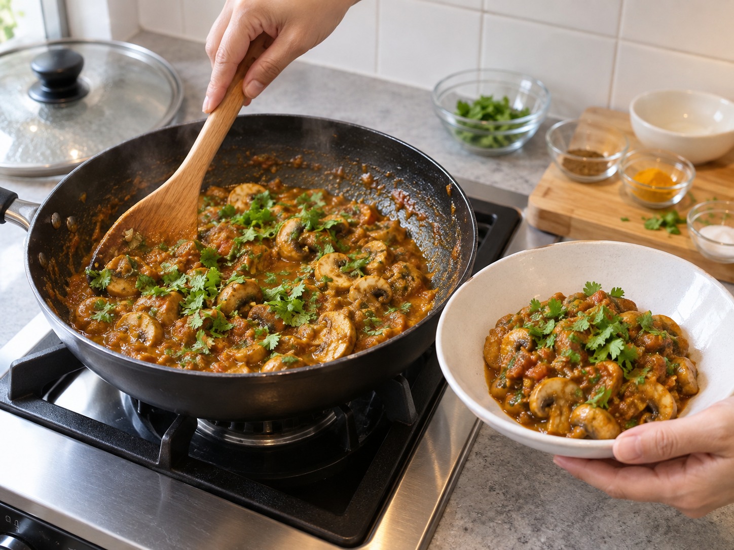 Indian na Kabuteng Masala — Buksan, ihalo ang kulantro at ihain kapag bahagyang malapot ang sarsa