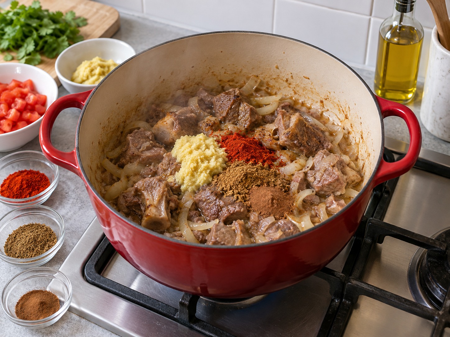 印度羊肉羅根喬希 — 加薑蒜泥、辣椒粉、孜然和肉桂炒香