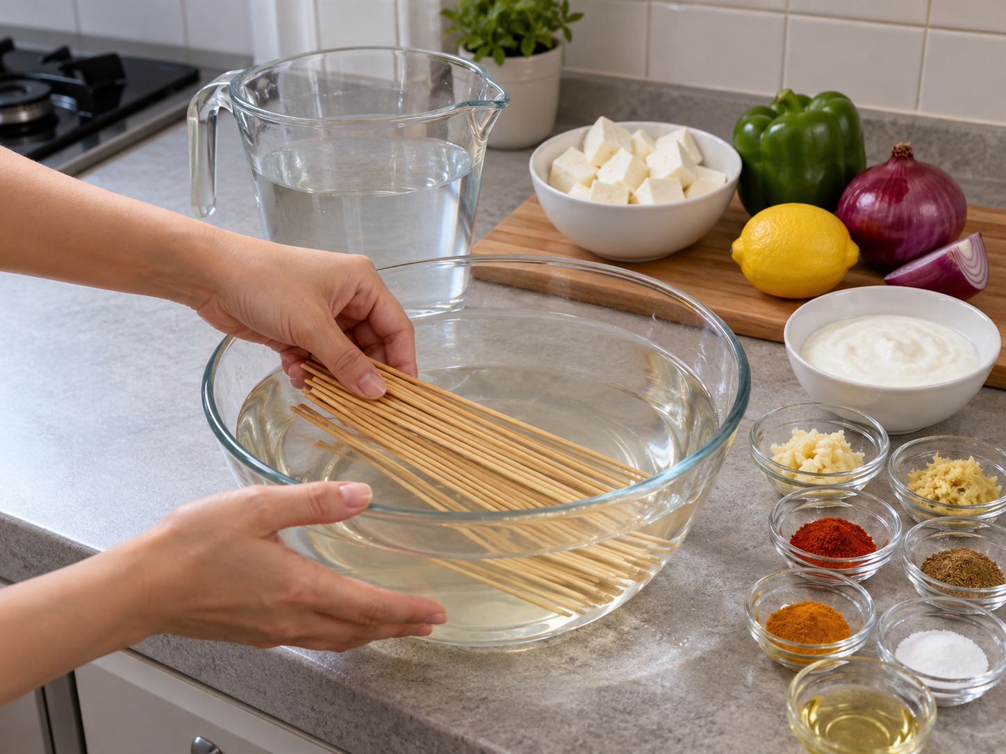 Indian Paneer Tikka Skewers — Soak bamboo skewers fully in 1 litre water for thirty minutes, then discard the water