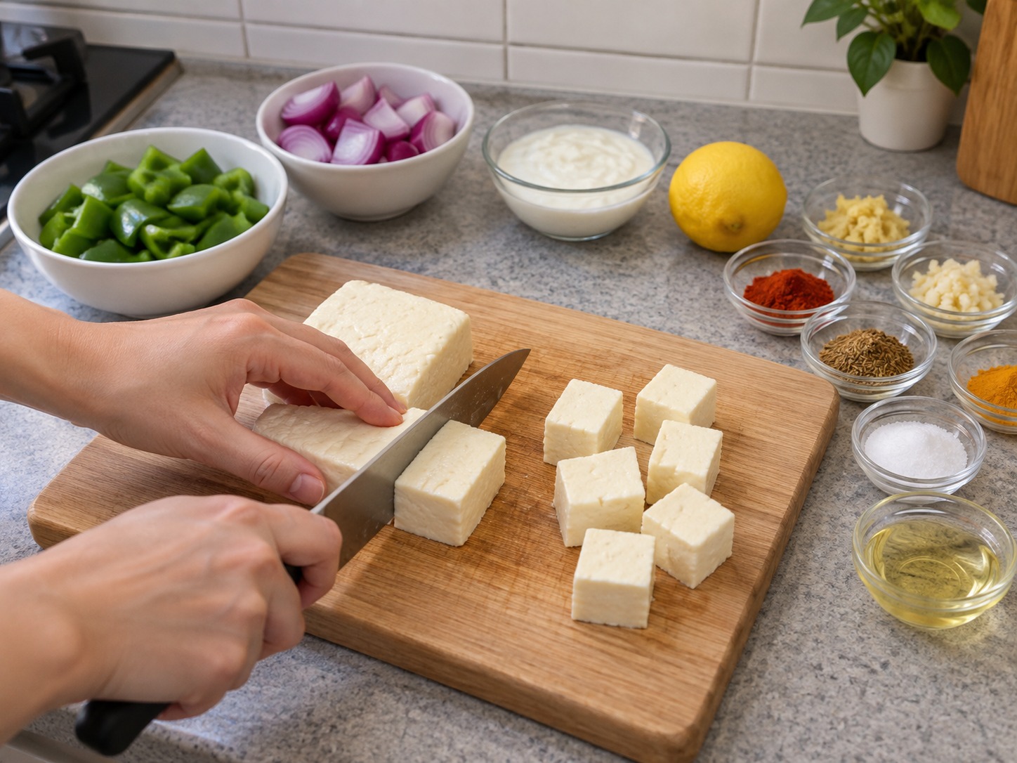 Indian Paneer Tikka Skewers — Cut paneer into cubes about three centimetres wide