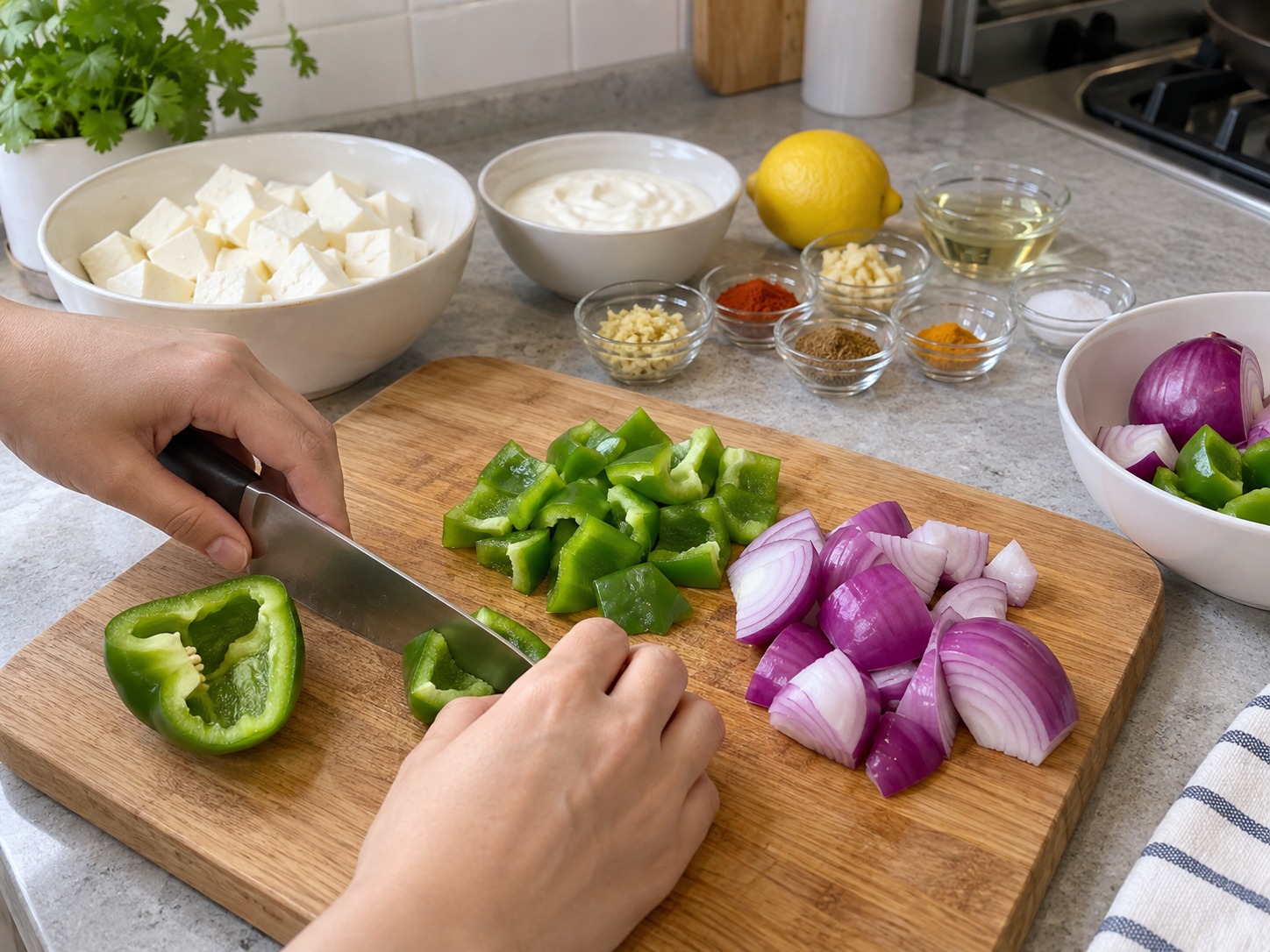 Indian Paneer Tikka Skewers — Seed pepper and cut it and onion into similarly sized pieces