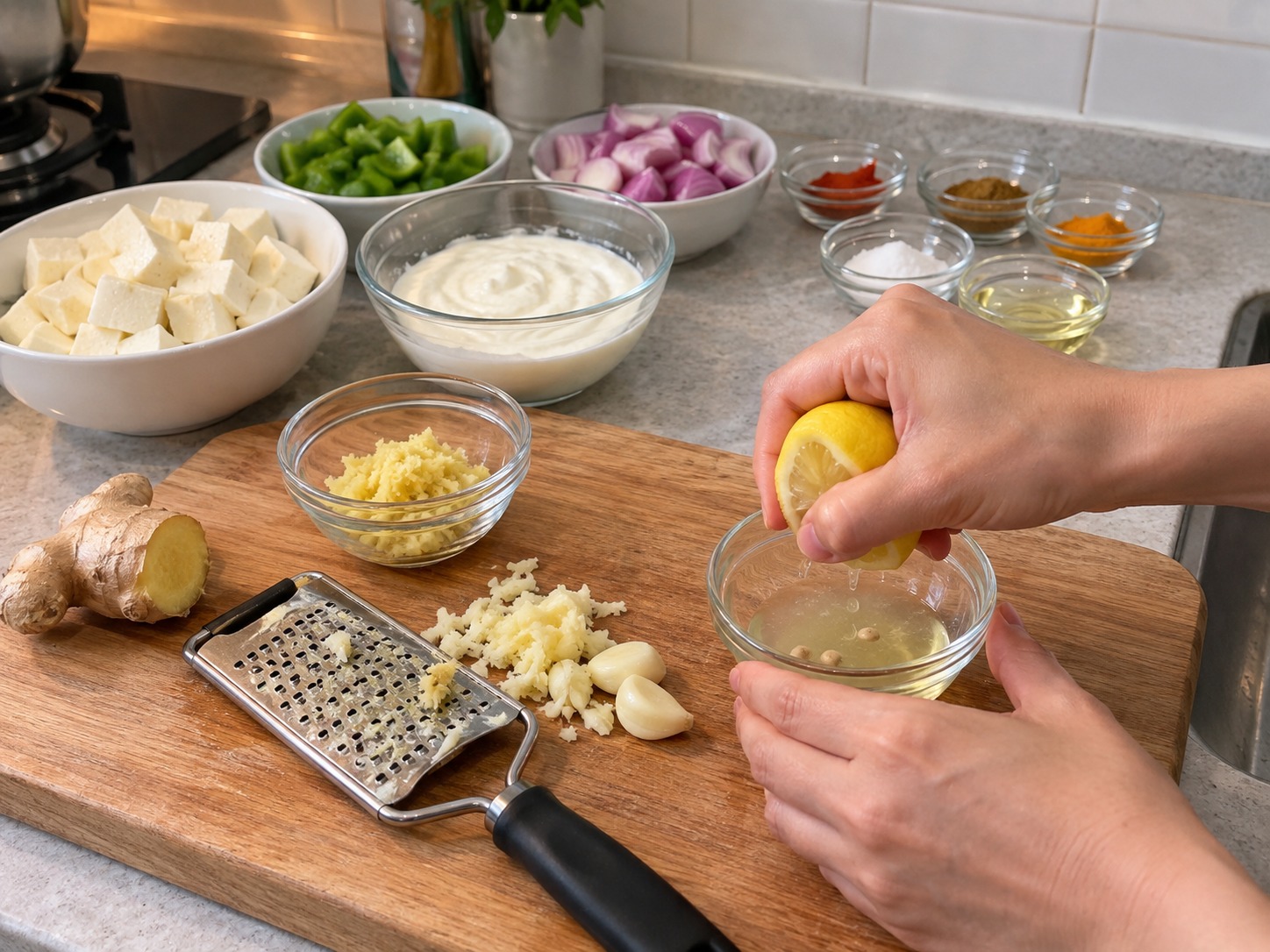 Indian Paneer Tikka Skewers — Measure the pre-grated ginger; grate garlic and squeeze lemon juice, removing seeds