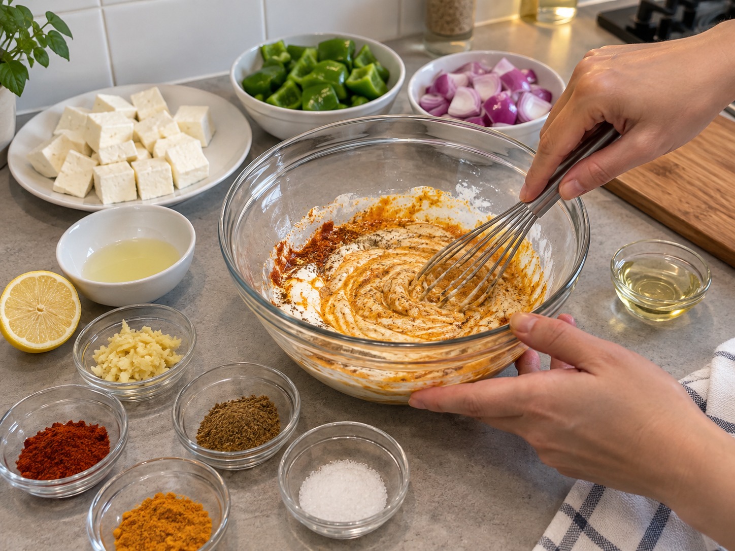 Indian Paneer Tikka Skewers — Mix yogurt, ginger, garlic, spices, salt and lemon juice