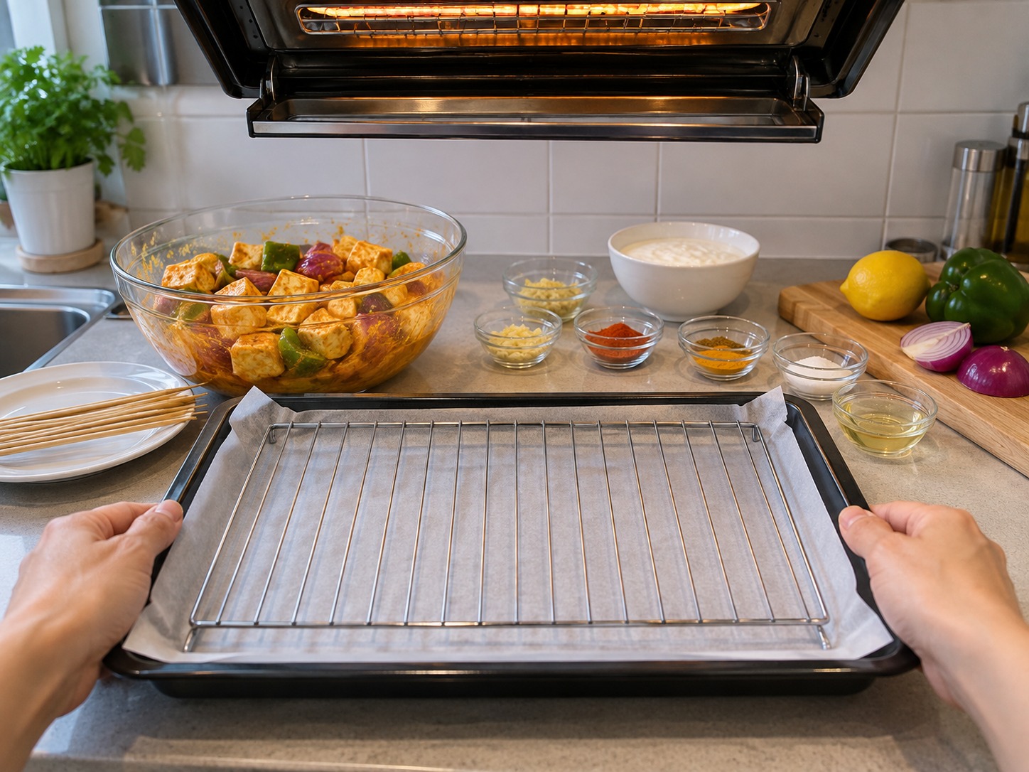 Indian Paneer Tikka Skewers — Preheat the overhead grill to high; line a tray and set a rack on it