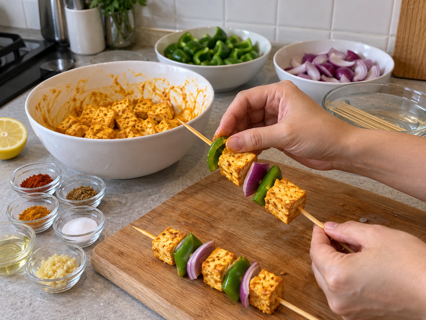 Indian Paneer Tikka Skewers — Alternate paneer, pepper and onion on soaked skewers