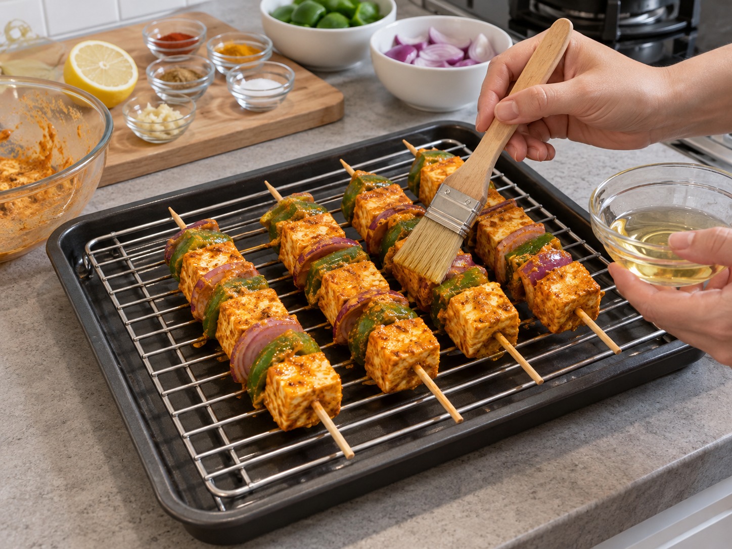Indian Paneer Tikka Skewers — Arrange skewers on the rack and brush lightly with oil