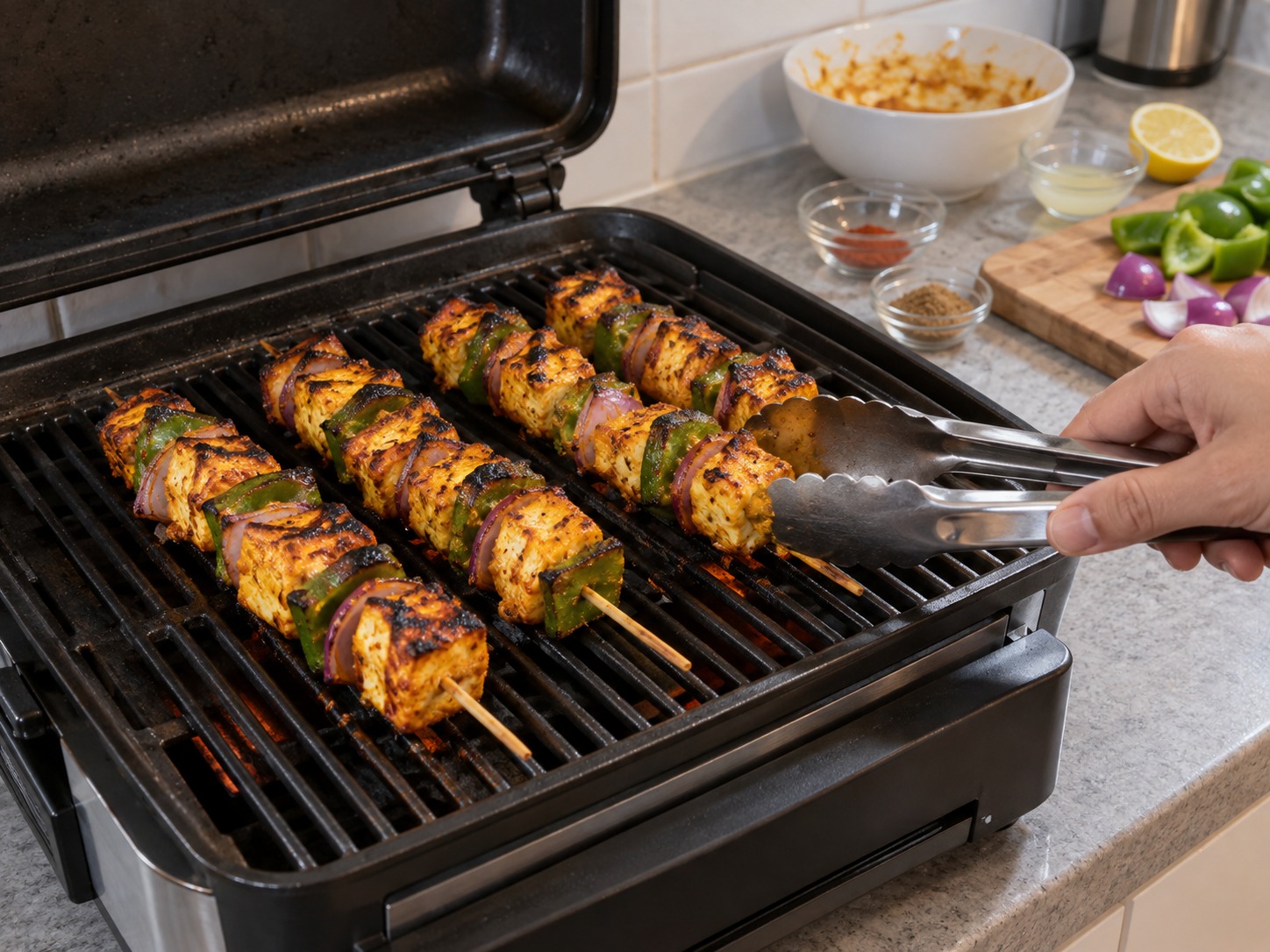 Indian Paneer Tikka Skewers — Grill eight to ten minutes, turning once, until charred at edges and hot through