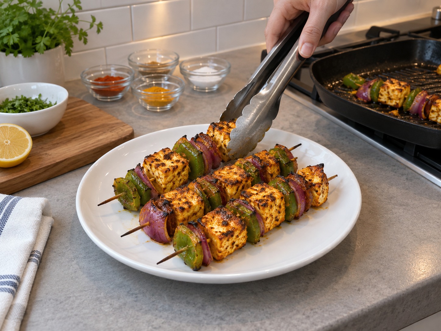Indian Paneer Tikka Skewers — Rest two minutes, plate the skewers and mind the sharp ends