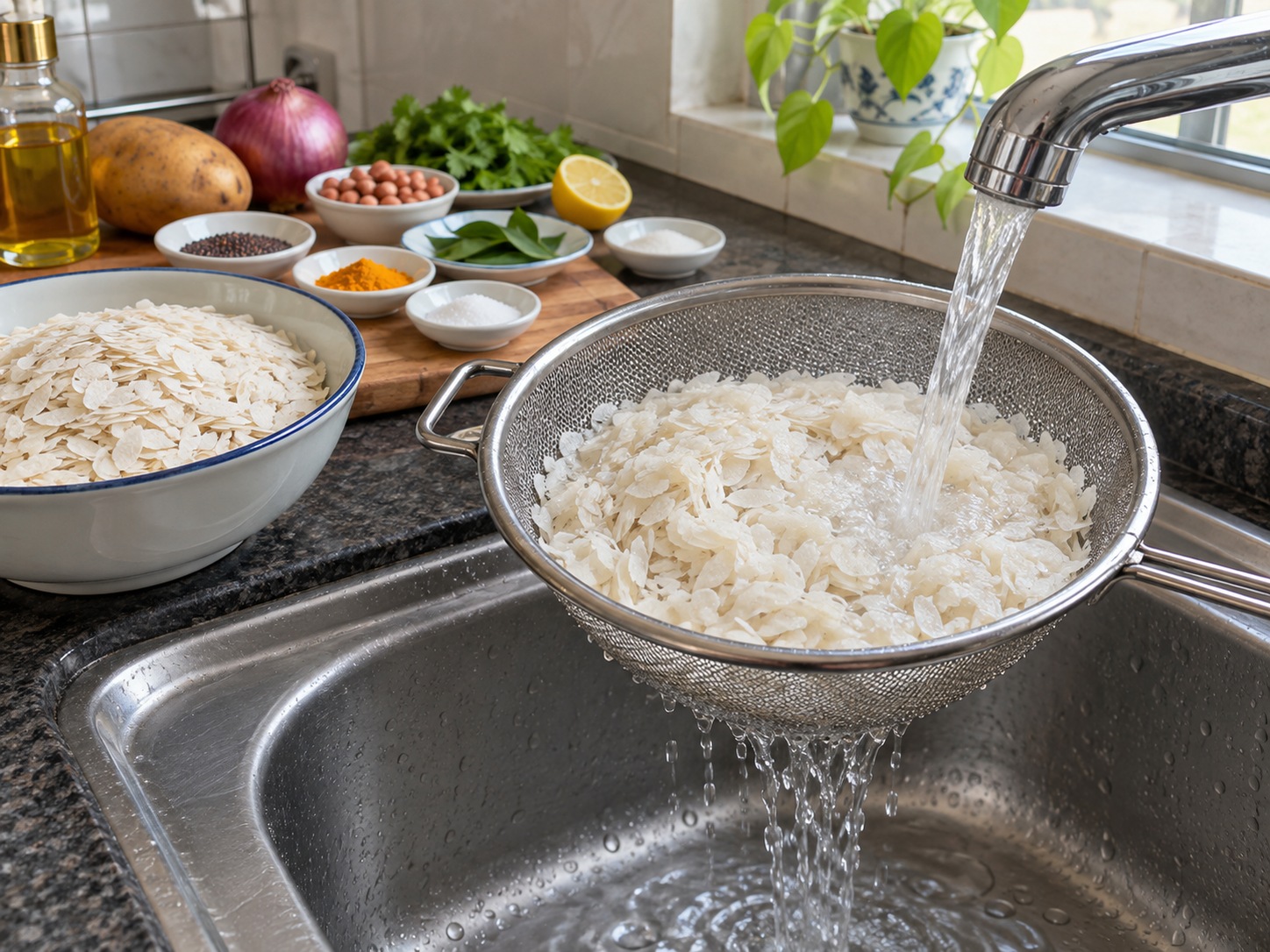 印度香料扁米飯 Poha — 把扁米片放濾網快沖兩次