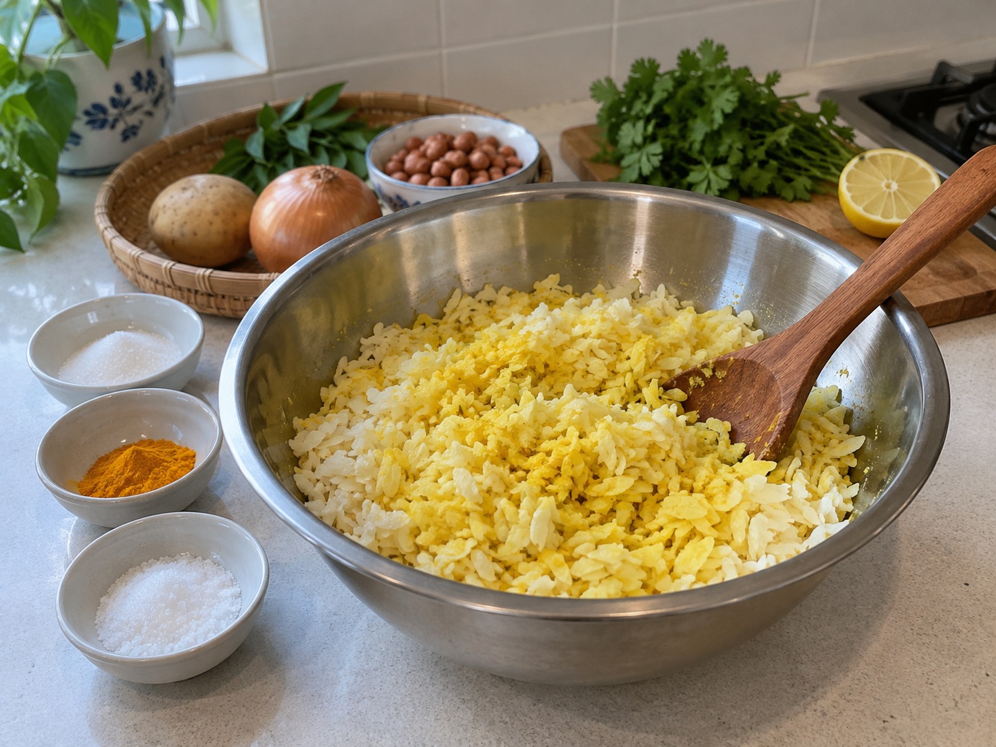 印度香料扁米飯 Poha — 在濕扁米上拌入糖、鹽及薑黃粉