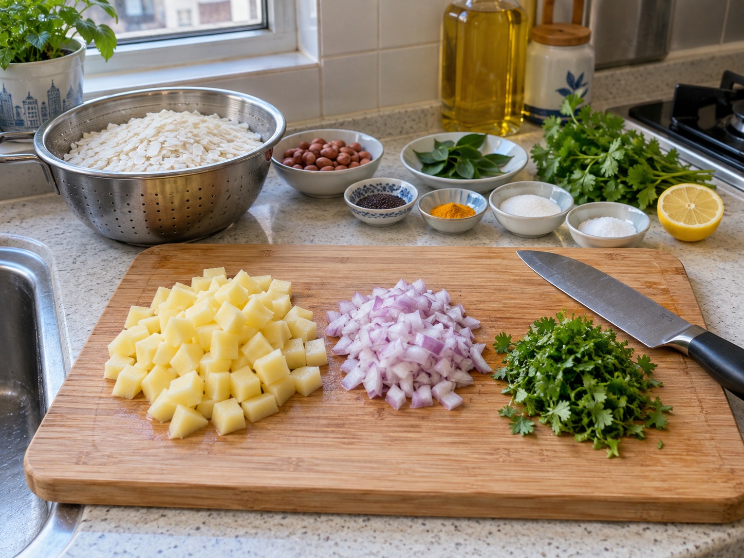 印度香料扁米飯 Poha — 薯仔切約1厘米小粒
