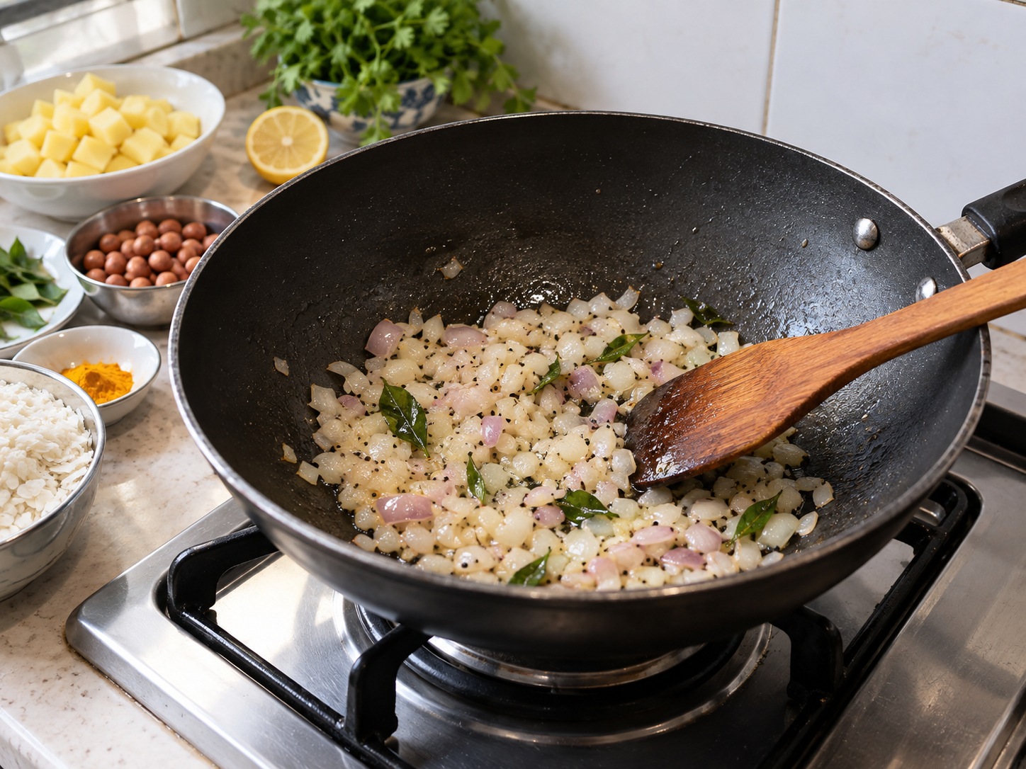 印度香料扁米飯 Poha — 加入洋蔥炒約2分鐘至軟身